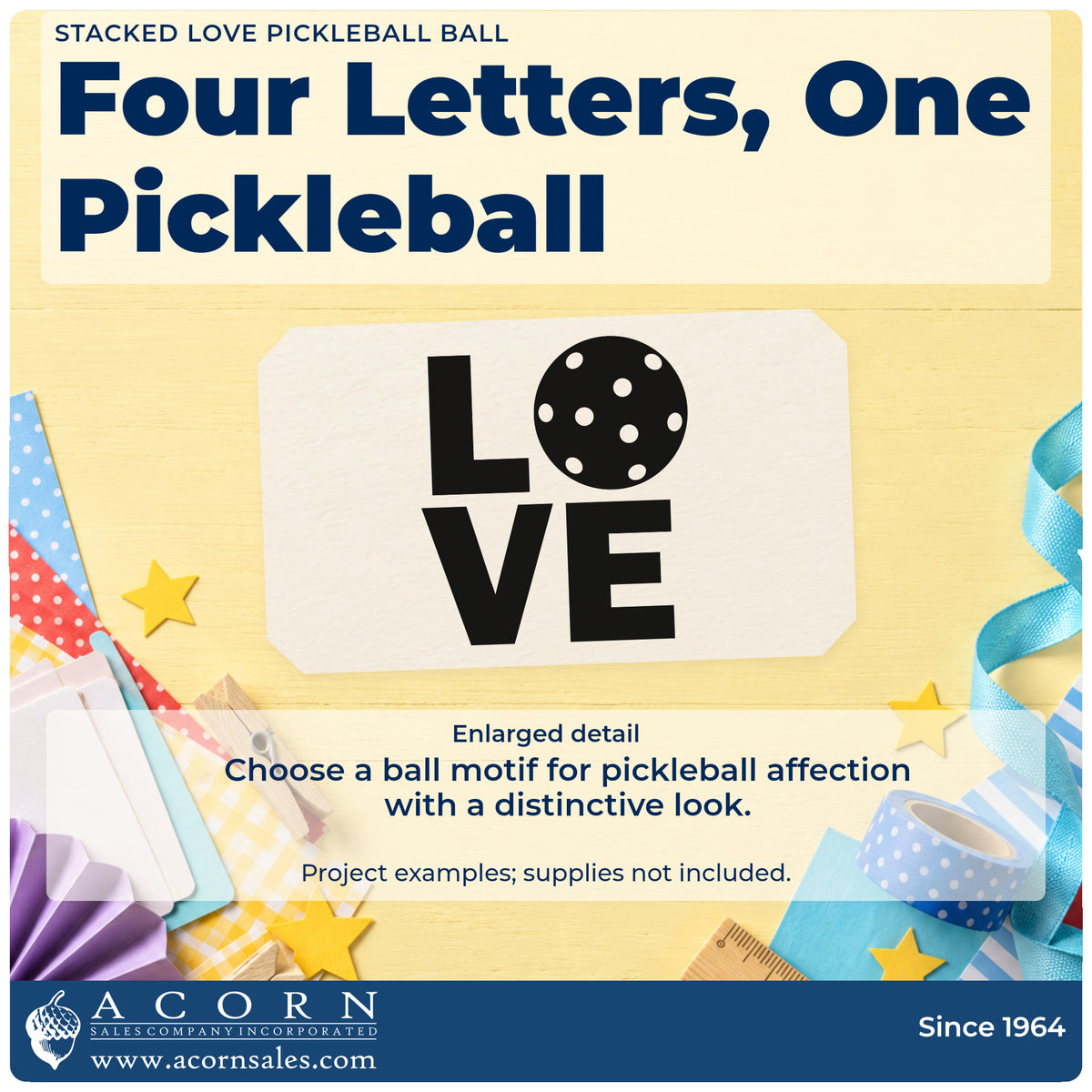 Enlarged detail of the Stacked Love Pickleball Ball Block Lettering Pre-Inked Stamp – Slim imprint. LOVE is arranged in a two-by-two block with a perforated ball as the O.