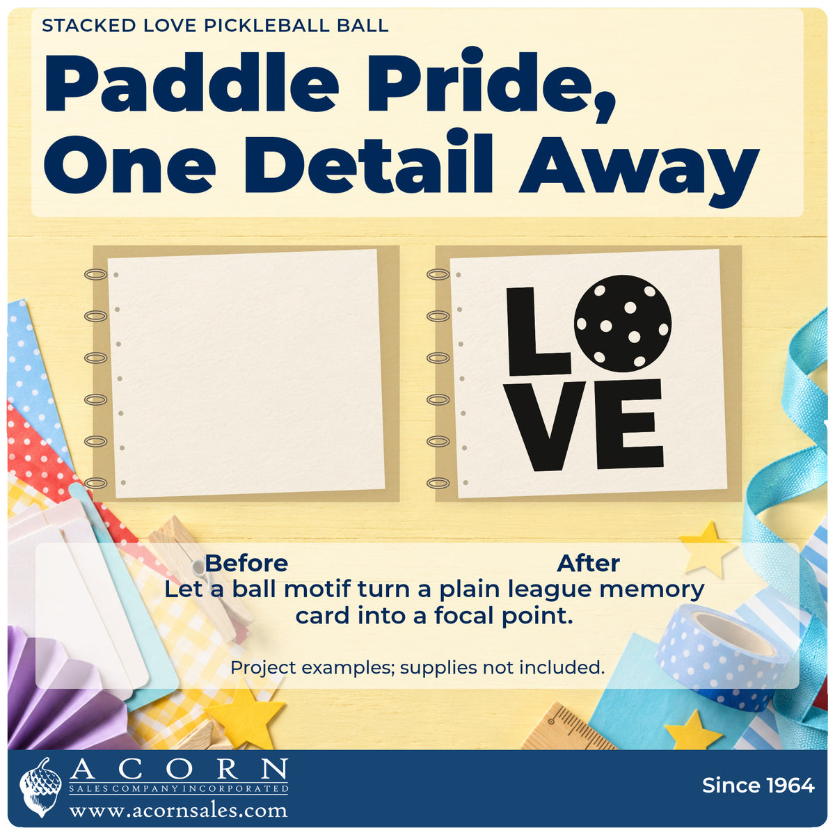 Before and after of a plain item finished with the Stacked Love Pickleball Ball Block Lettering Pre-Inked Stamp – Slim, a quick upgrade for framed court shelter.