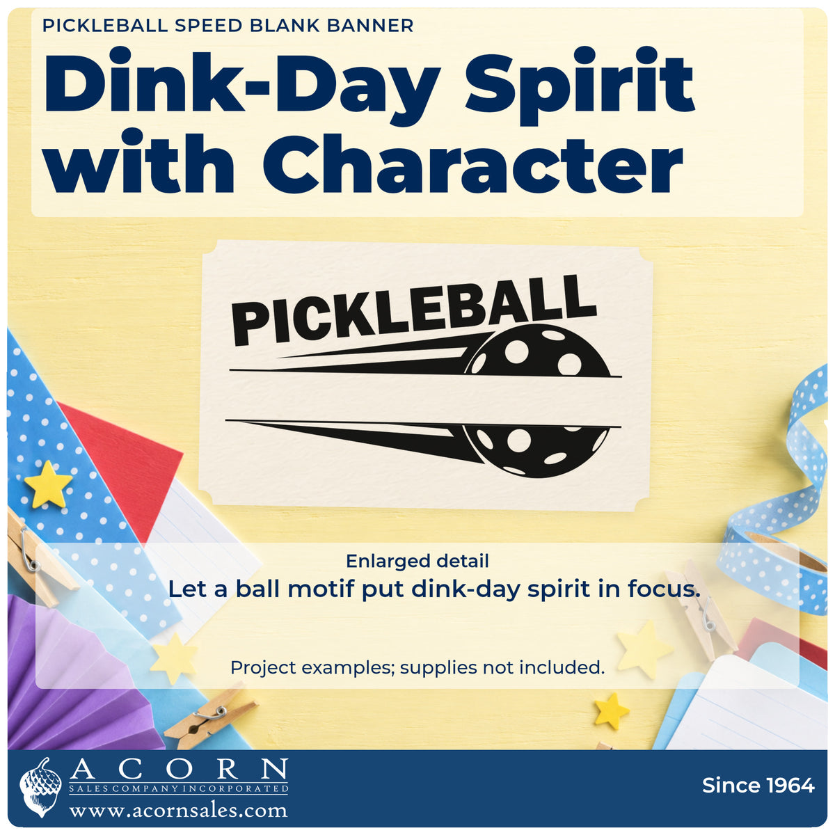 Enlarged detail of the Pickleball Speed Blank Banner Hand Stamp – Duo imprint. PICKLEBALL appears above a speeding ball crossed by a broad blank horizontal band.