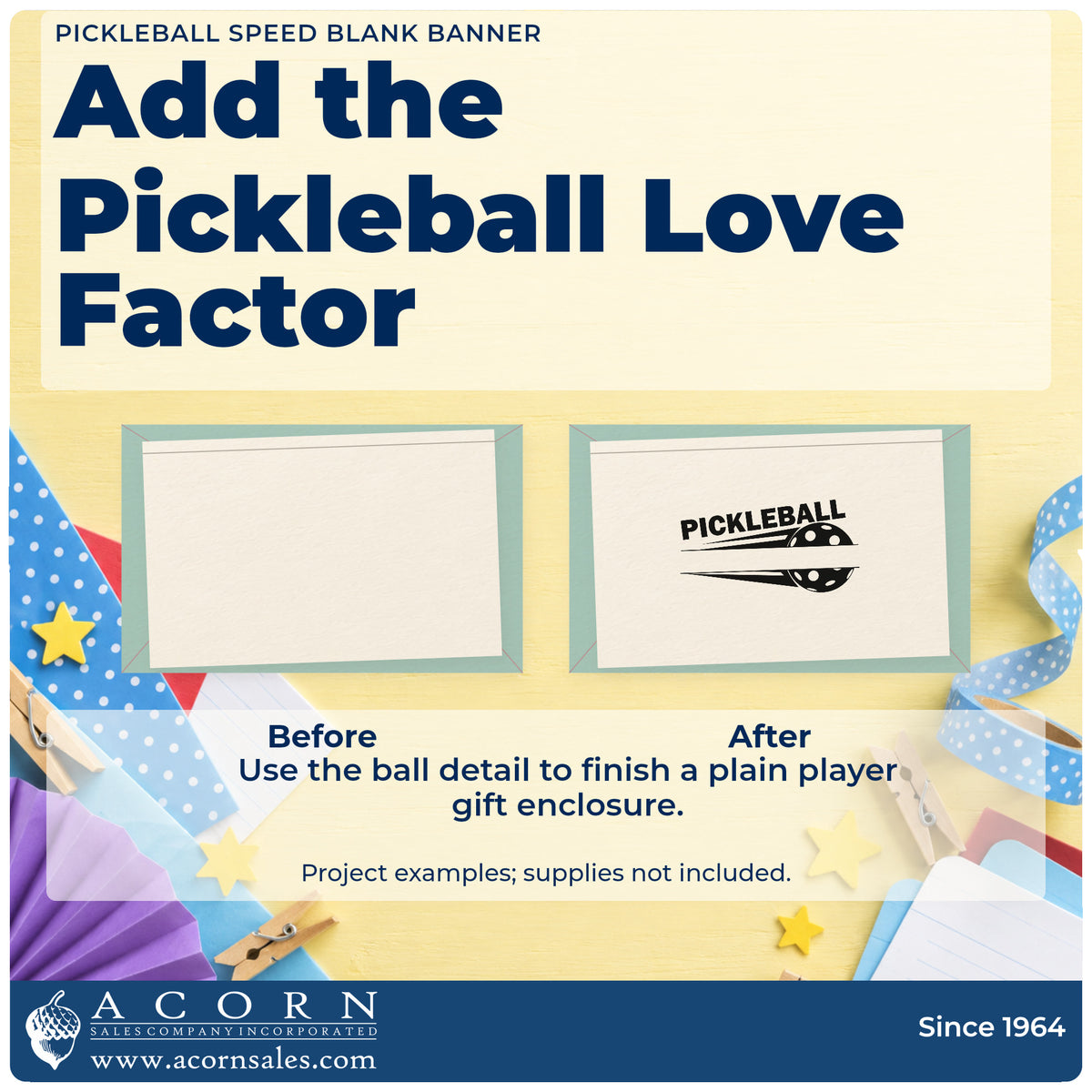 Before and after of a plain item finished with the Pickleball Speed Blank Banner Hand Stamp – Duo, a quick upgrade for framed park office.