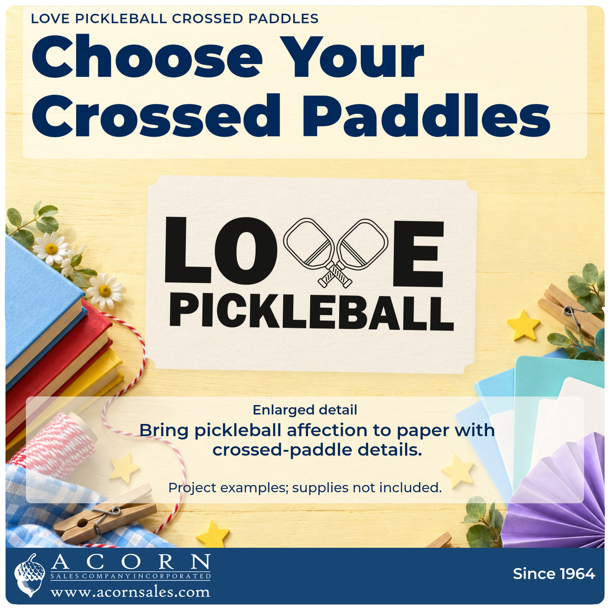Enlarged detail of the Love Pickleball Crossed Paddles PSI Pre-Inked Stamp imprint. LOVE PICKLEBALL uses crossed paddles in place of the V.