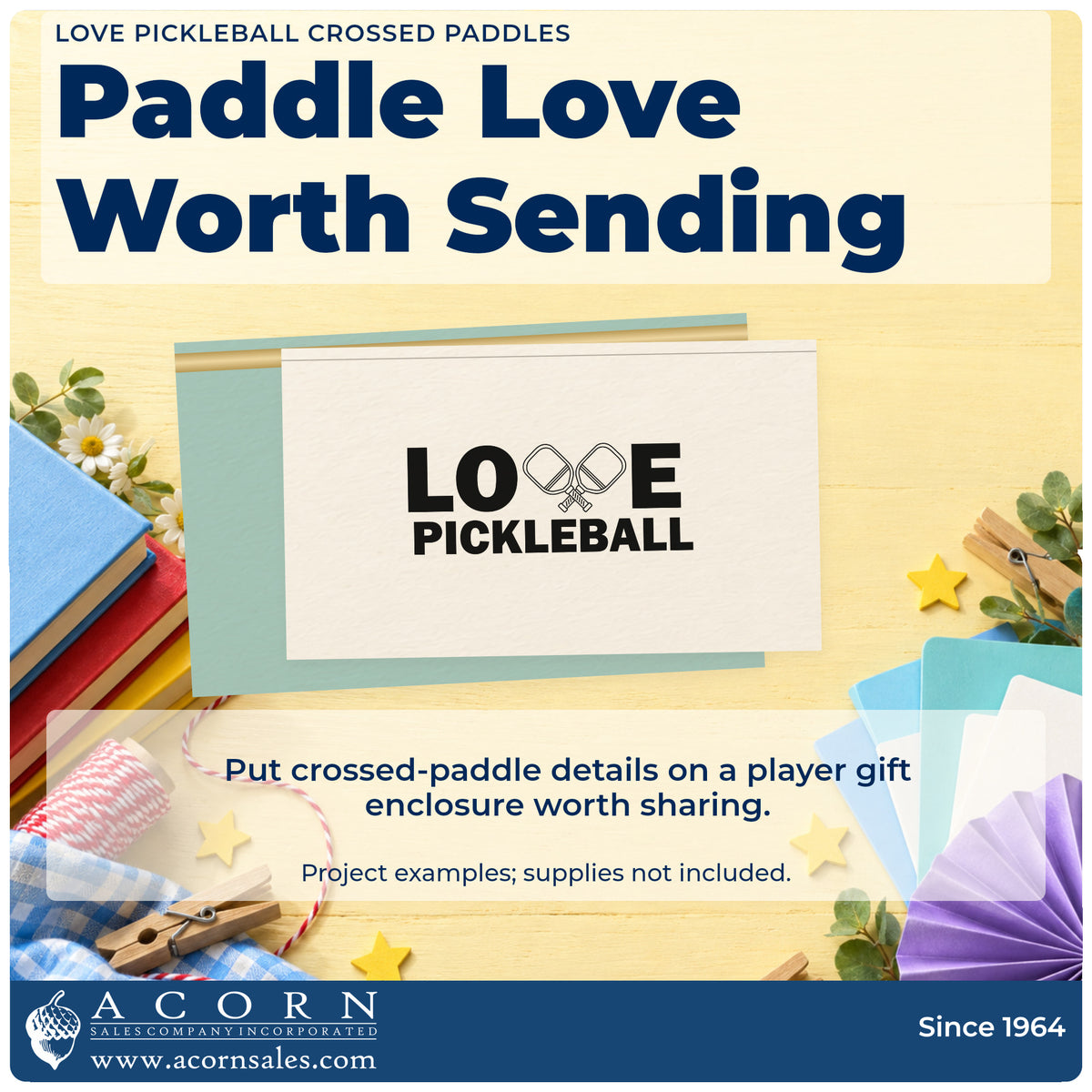 A finished handmade project stamped with the Love Pickleball Crossed Paddles Self-Inking Stamp, ideal for pro shop album page.