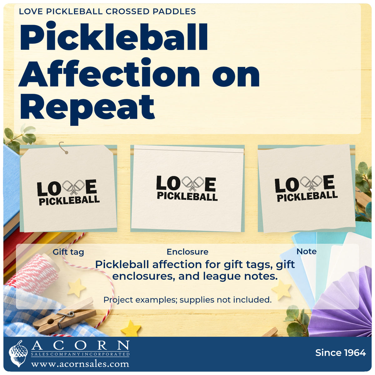 Three project examples made with the Love Pickleball Crossed Paddles Rubber Stamp – Duo Hand, including stock order sheet.