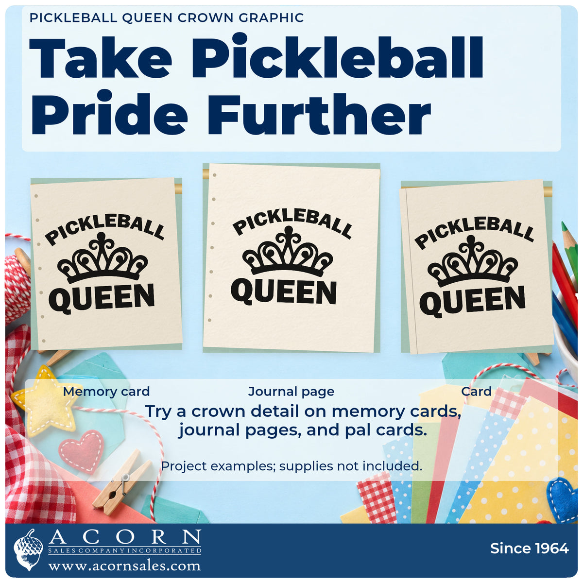 Three project examples made with the Pre-Inked Pickleball Queen Crown Stamp – PSI, including ladder result sheet.
