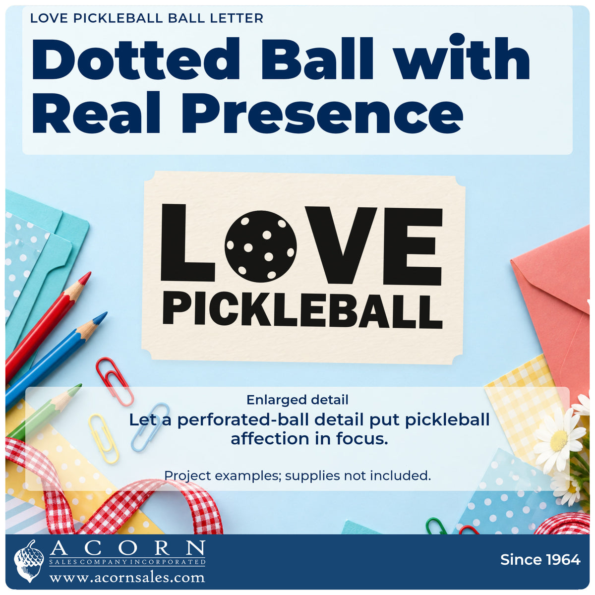 Enlarged detail of the Love Pickleball Ball Lettering Stamp – Wood Handle imprint. LOVE PICKLEBALL uses a perforated ball in place of the O.