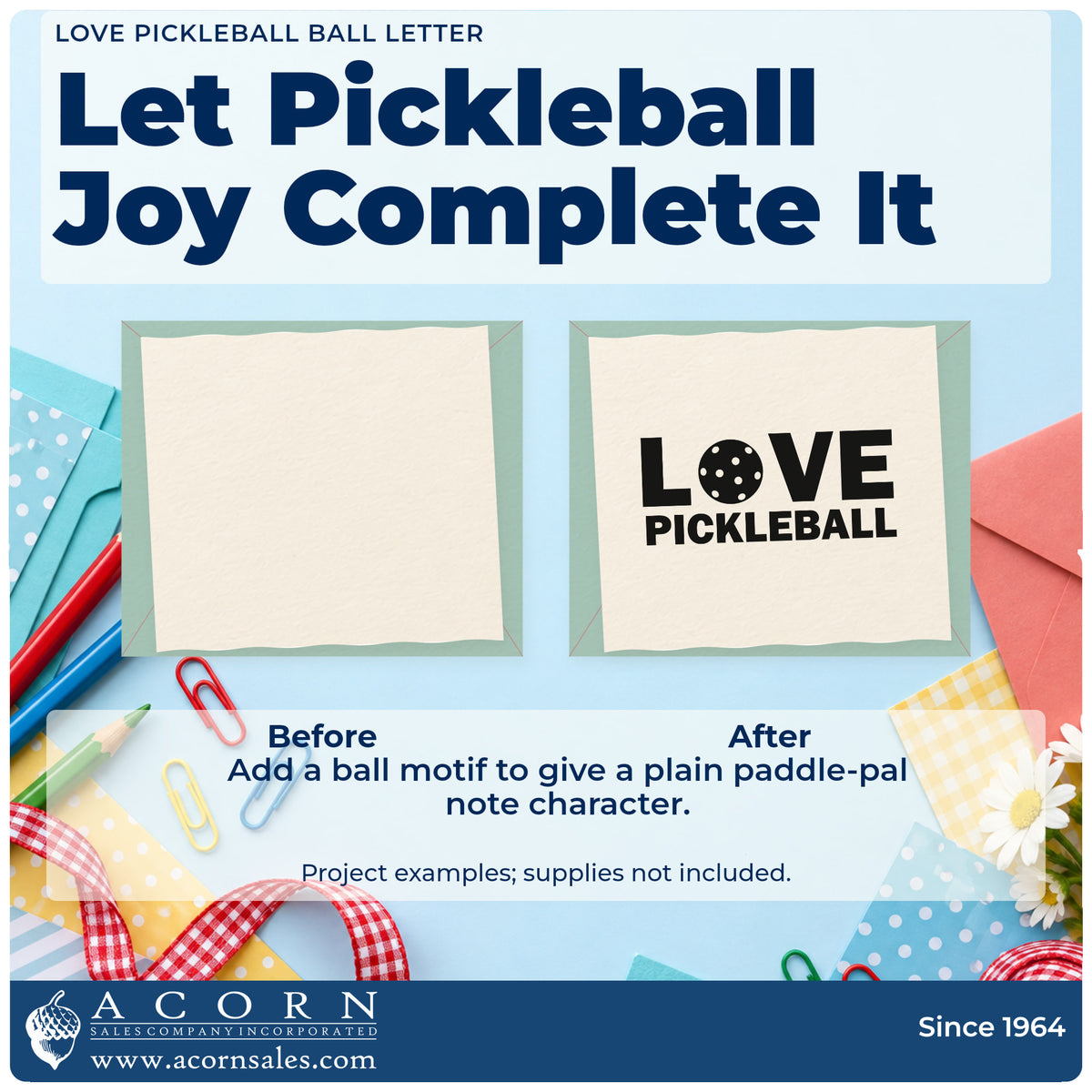 Before and after of a plain item finished with the Love Pickleball Ball Lettering Compact Pre-Inked Stamp – Slim, a quick upgrade for framed court post.