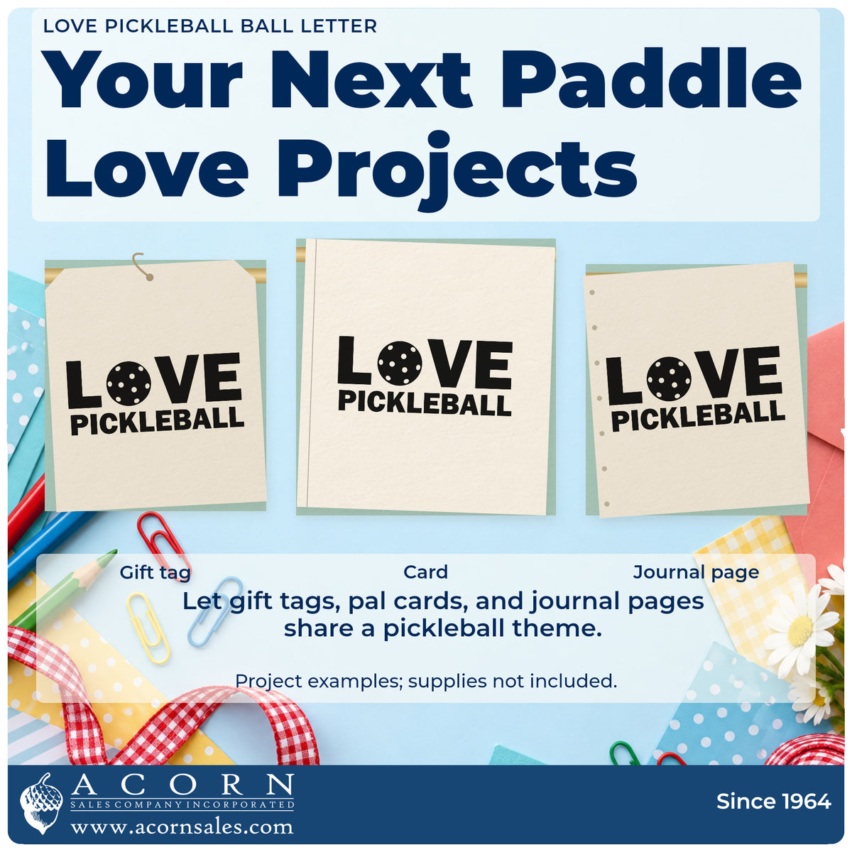 Three project examples made with the Love Pickleball Ball Lettering PSI Pre-Inked Stamp, including challenge log sheet.