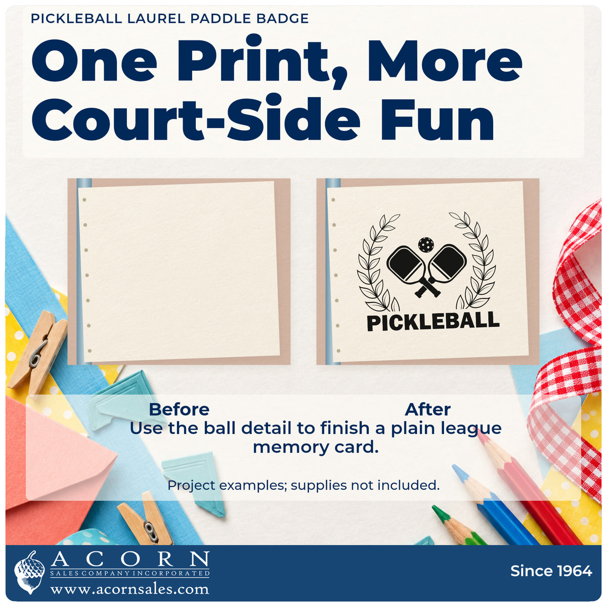 Before and after of a plain item finished with the Pickleball Laurel Paddle Emblem Stamp – Self-Inking, a quick upgrade for framed venue entry.