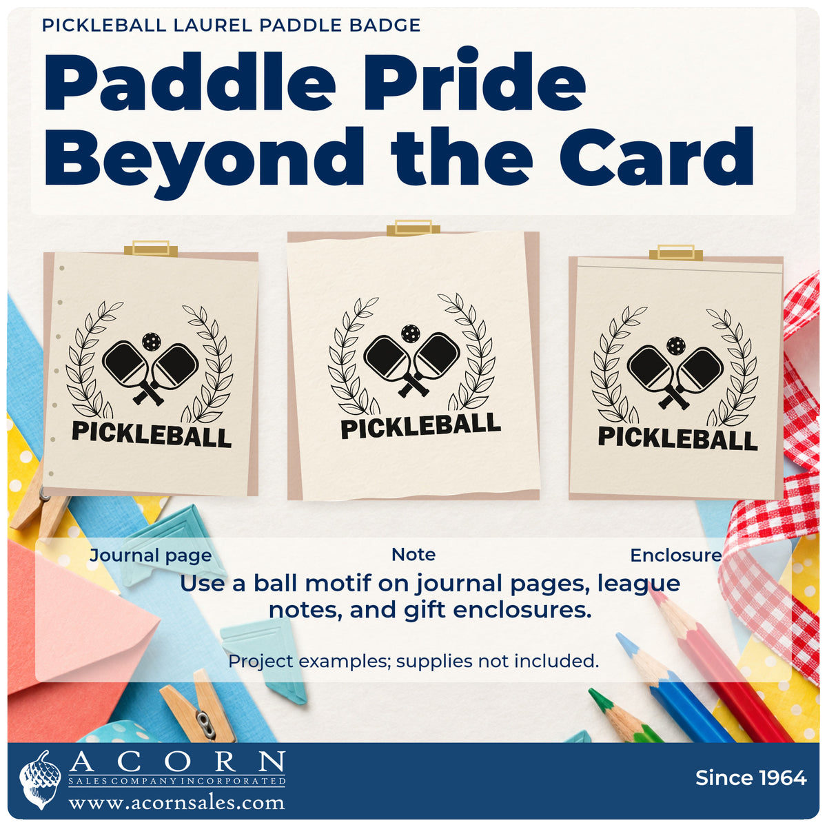 Three project examples made with the Pickleball Laurel Paddle Emblem Rubber Stamp – Wood Handle, including event entry sheet.