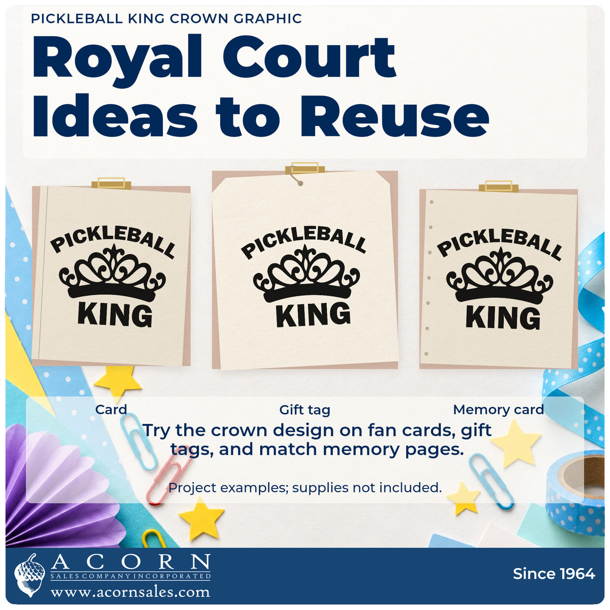 Three project examples made with the Pickleball King Crown Self-Inking Stamp, including match record sheet.
