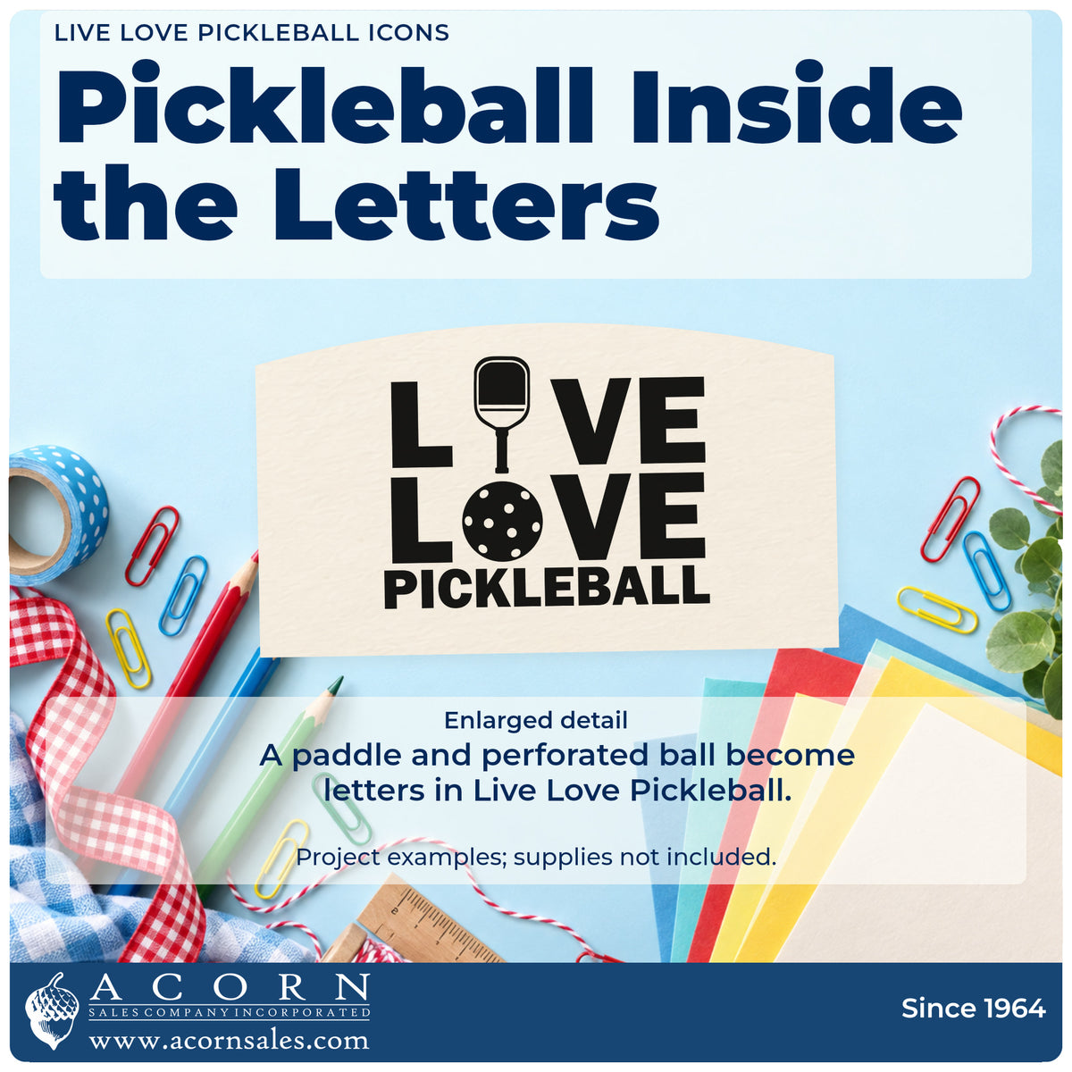 Enlarged detail of the Live Love Pickleball Icons Compact Pre-Inked Stamp – Slim imprint. LIVE LOVE PICKLEBALL uses a paddle as the I and a perforated ball as an O.