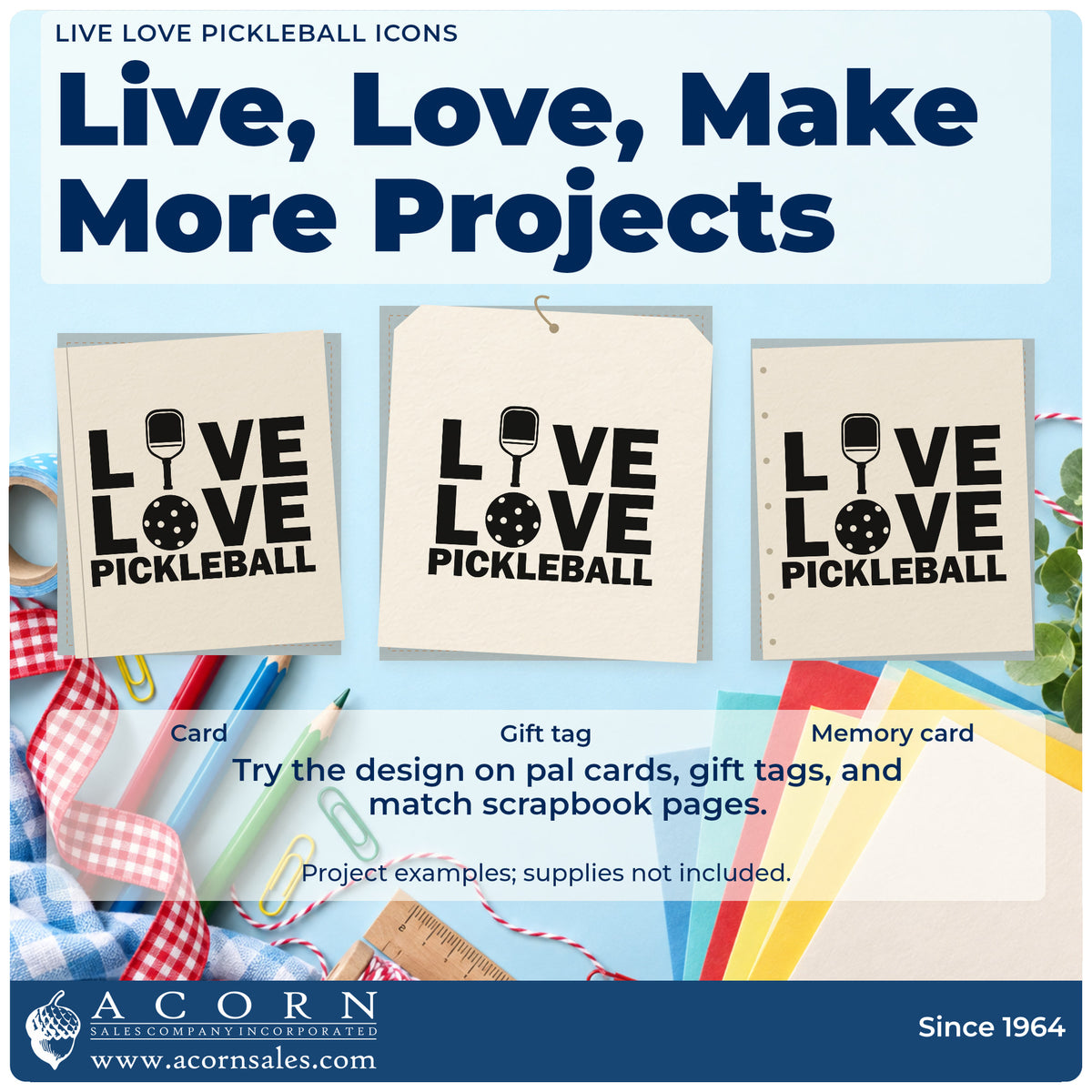 Three project examples made with the Live Love Pickleball Icons PSI Pre-Inked Stamp, including court slot sheet.