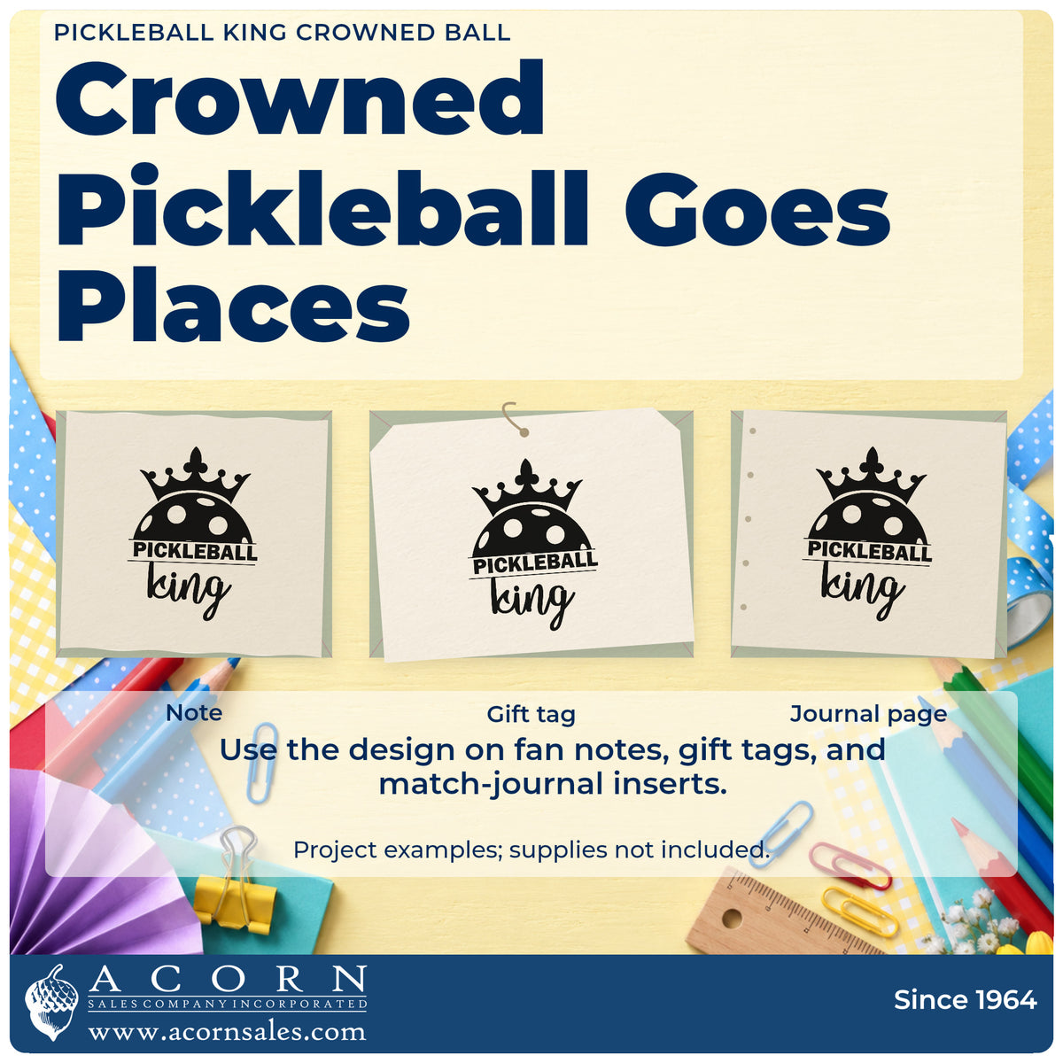 Three project examples made with the Pickleball King Crowned Ball Wood Handle Stamp, including evening run sheet.
