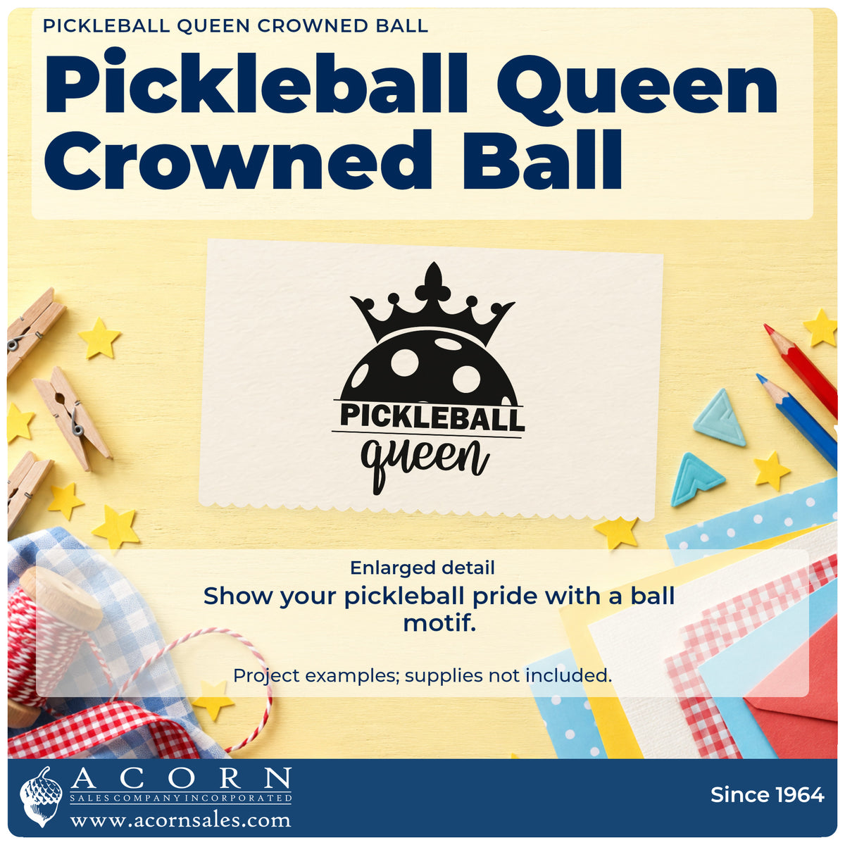 Enlarged detail of the Pickleball Queen Crowned Ball Crown Wood-Mounted Rubber Stamp imprint. A crown tops a half perforated ball above PICKLEBALL queen.