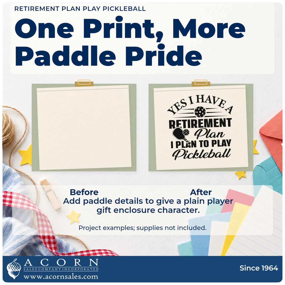Before and after of a plain item finished with the Yes I Have A Retirement Plan I Plan To Play Pickleball Rubber Stamp – Duo Hand, a quick upgrade for framed guest table.
