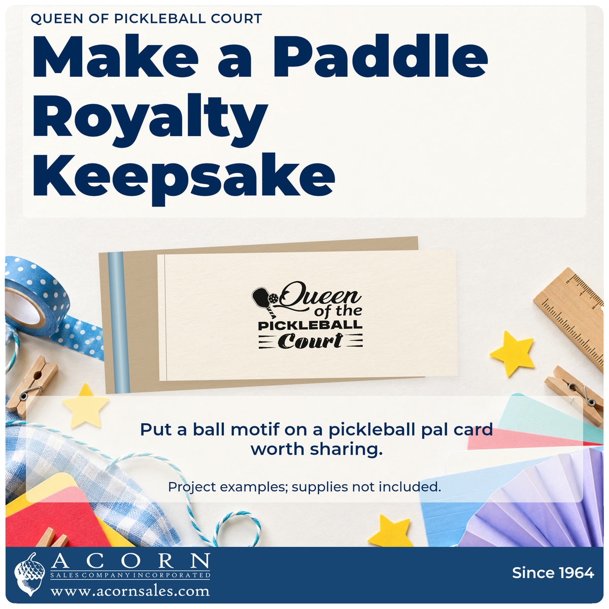 A finished handmade project stamped with the Queen Of Pickleball Court Premium Wood-Mounted Stamp – Vintage Pro, ideal for dedication album page.