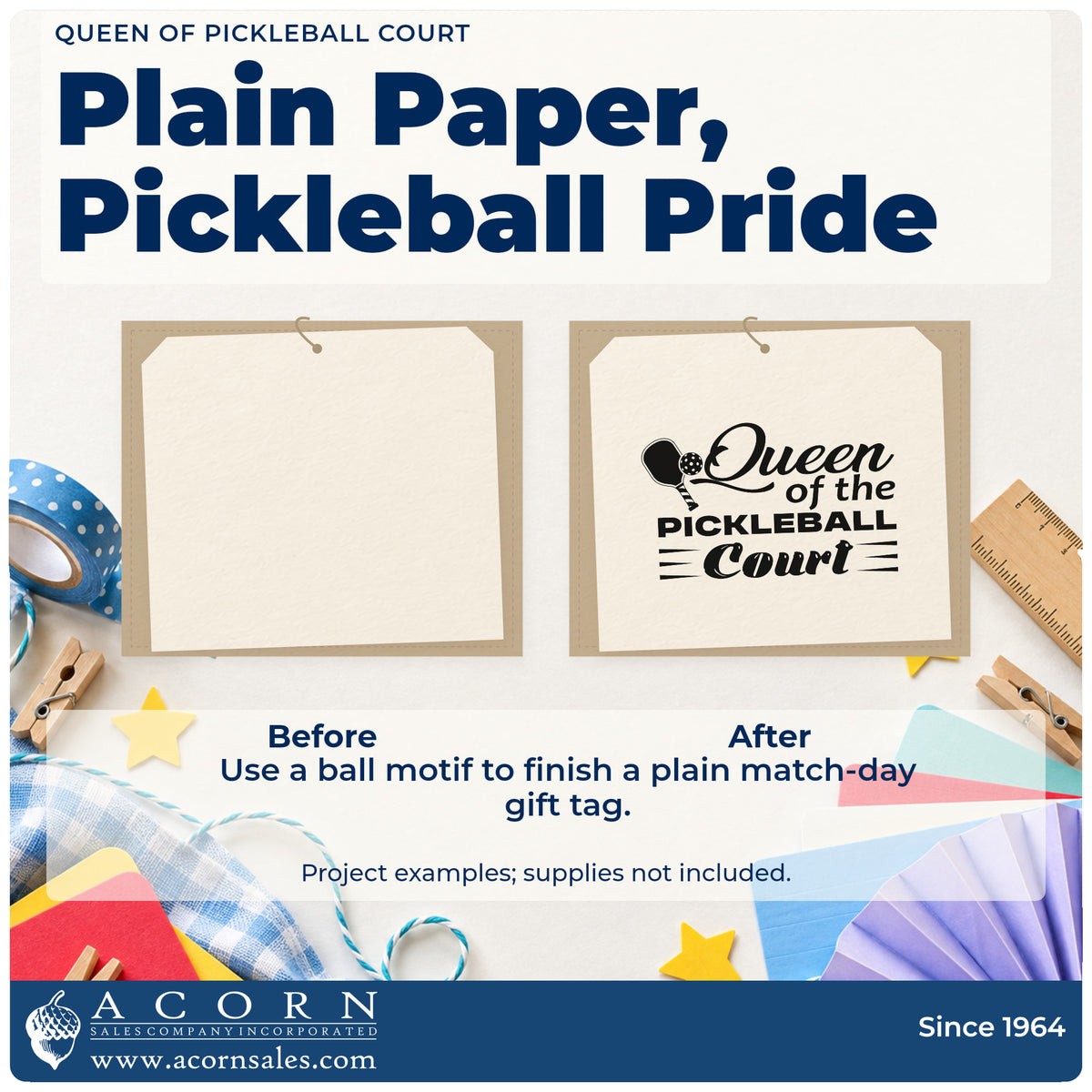 Before and after of a plain item finished with the Queen Of Pickleball Court Premium Wood-Mounted Stamp – Vintage Pro, a quick upgrade for framed court gate.