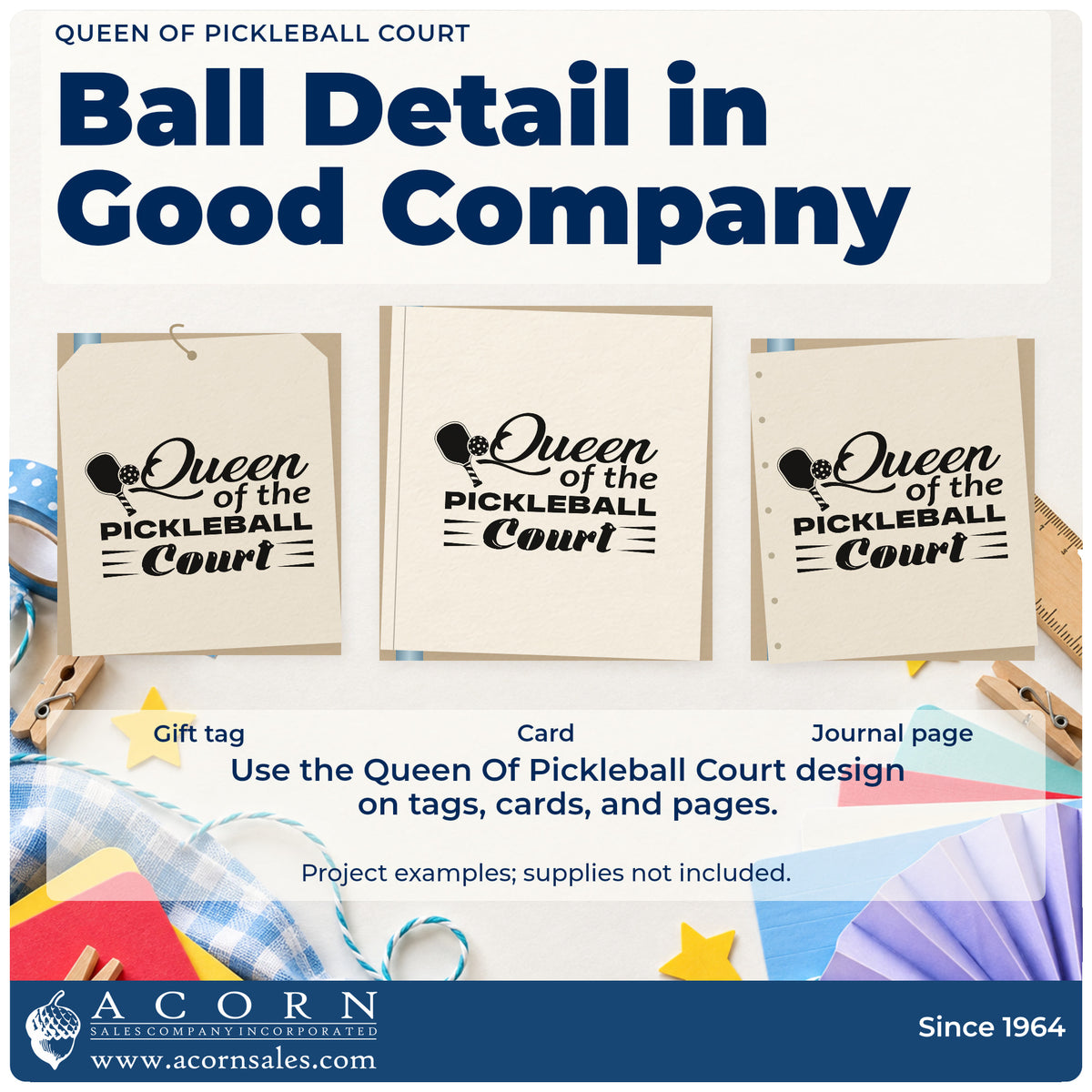 Three project examples made with the Queen Of Pickleball Court Premium Wood-Mounted Stamp – Vintage Pro, including ceremony run sheet.