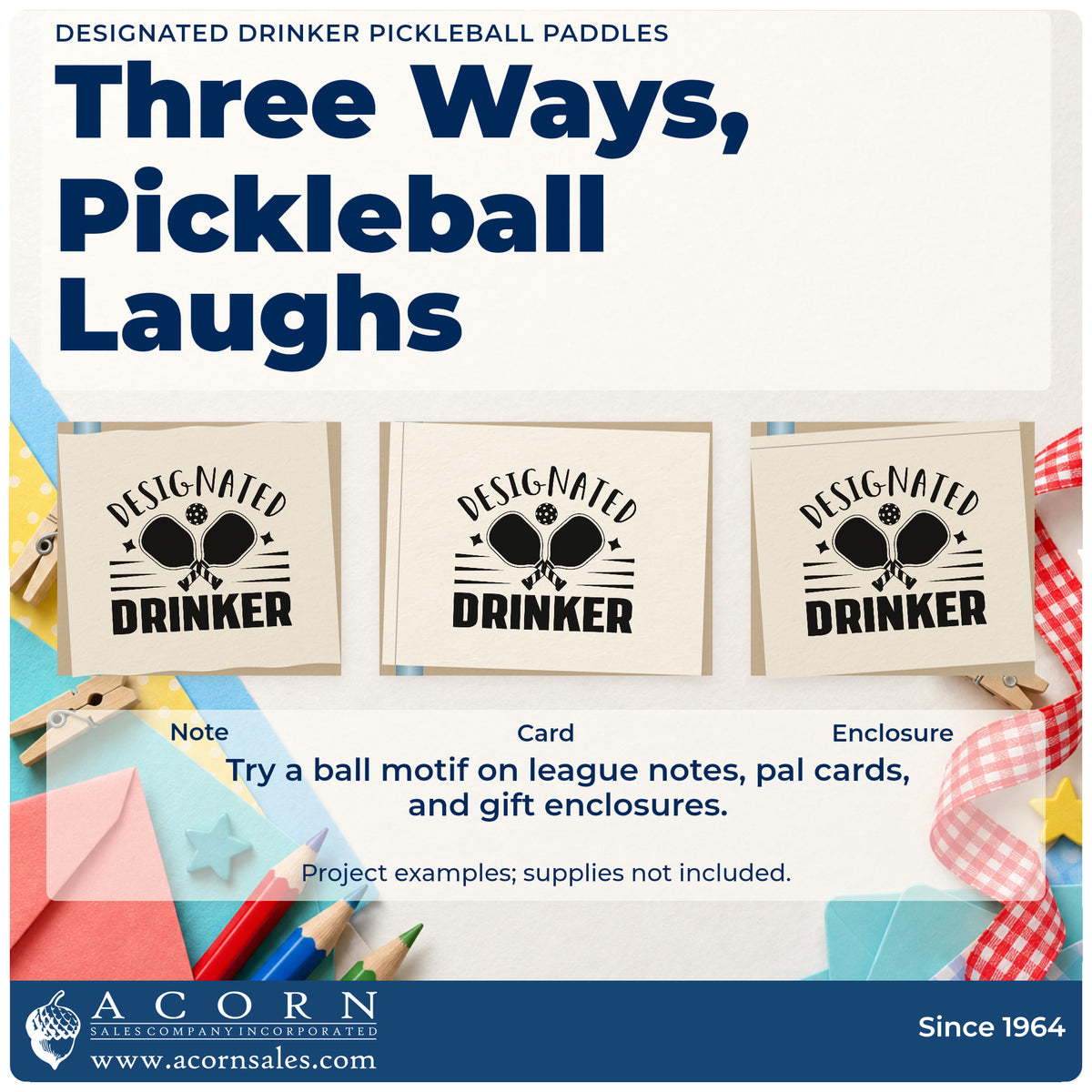 Three project examples made with the Designated Drinker Pickleball Paddles Pre-Inked Stamp – PSI, including social plan sheet.