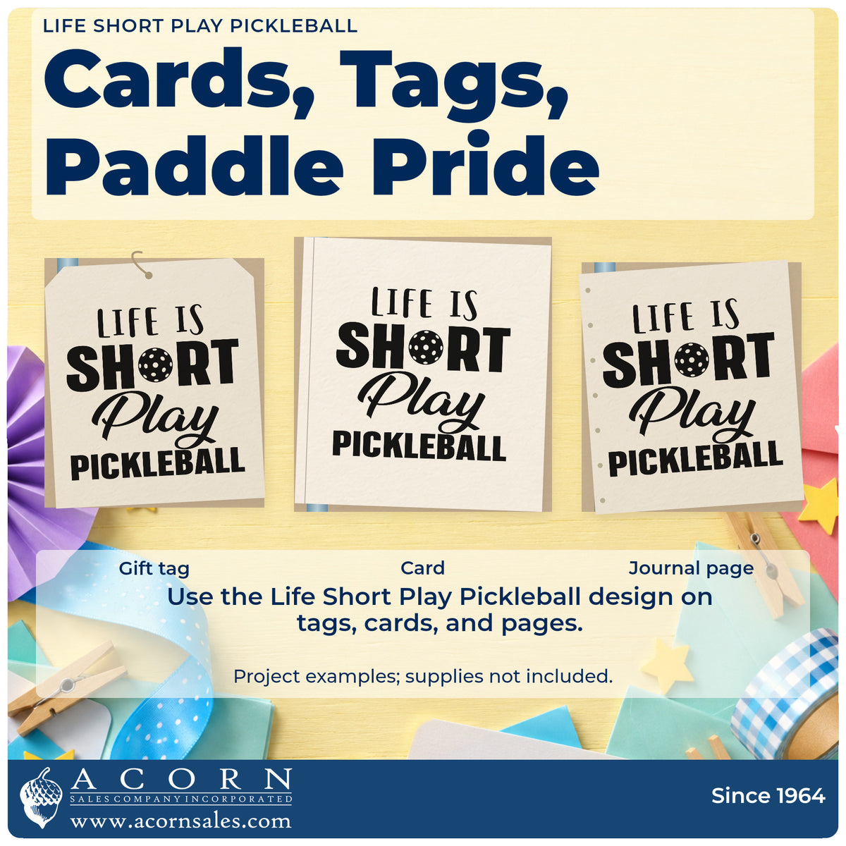 Three project examples made with the Play Pickleball Life Is Short Ball Hand Stamp – Duo, including session plan sheet.