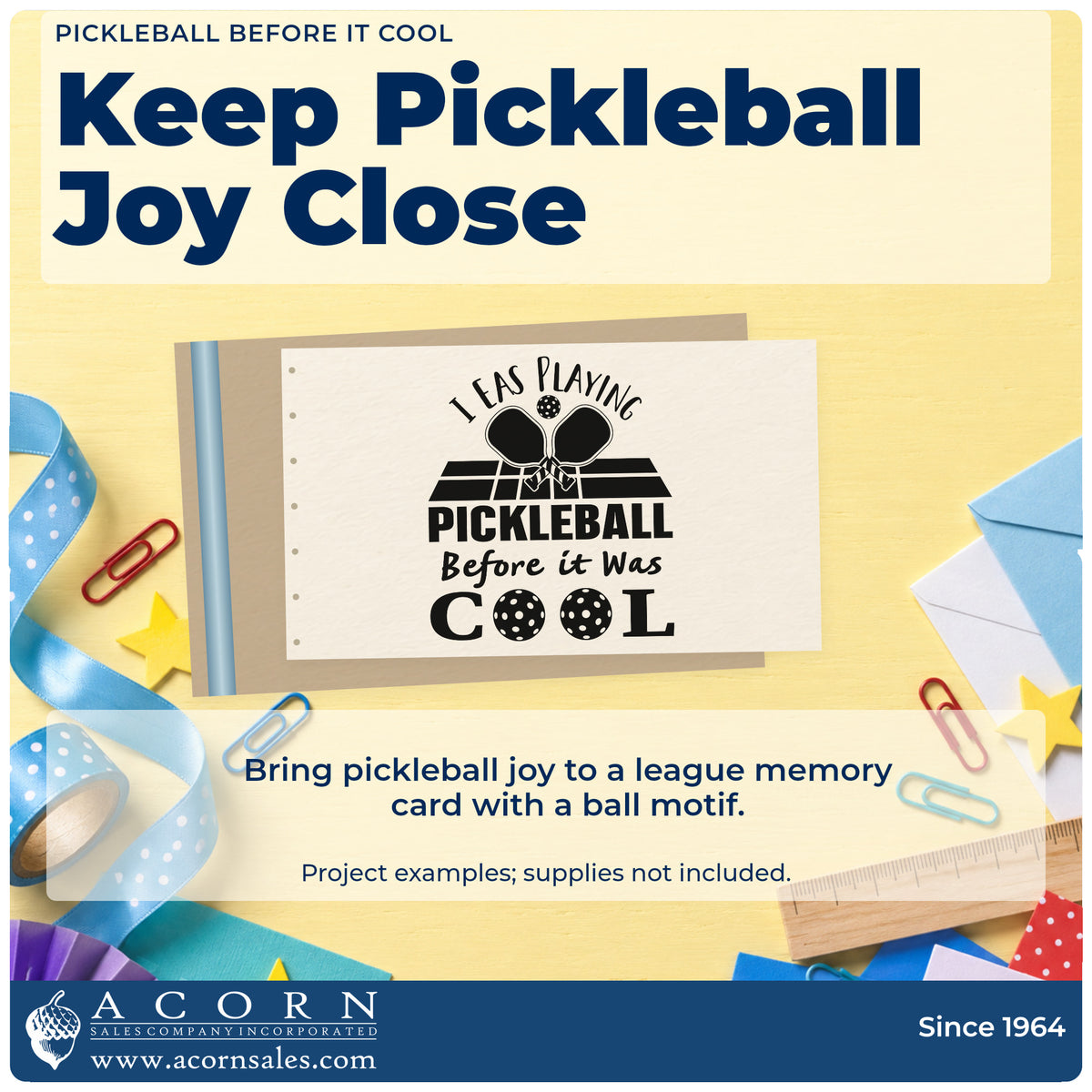 A finished handmade project stamped with the Pickleball Before It Cool Compact Pre-Inked Stamp – Slim, ideal for anniversary album page.