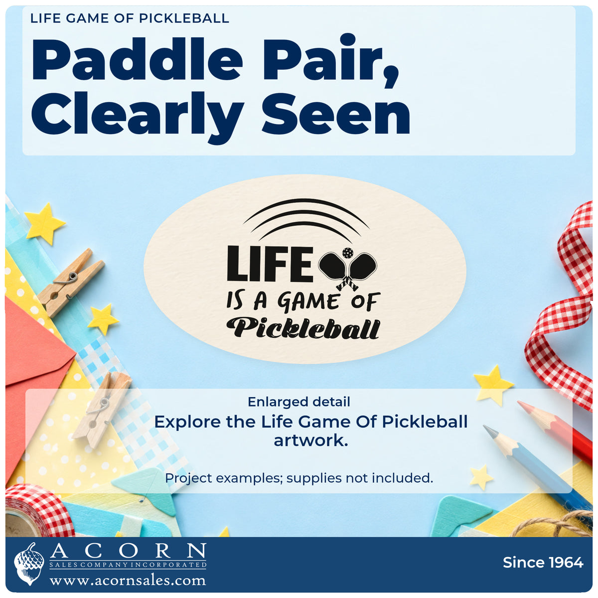 Enlarged detail of the Life Game Of Pickleball Pre-Inked Stamp – PSI imprint. LIFE IS A GAME OF Pickleball appears with crossed paddles and three curved lines above.