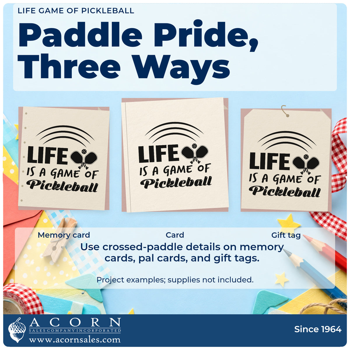 Three project examples made with the Life Game Of Pickleball Wood Handle Stamp, including session rota sheet.