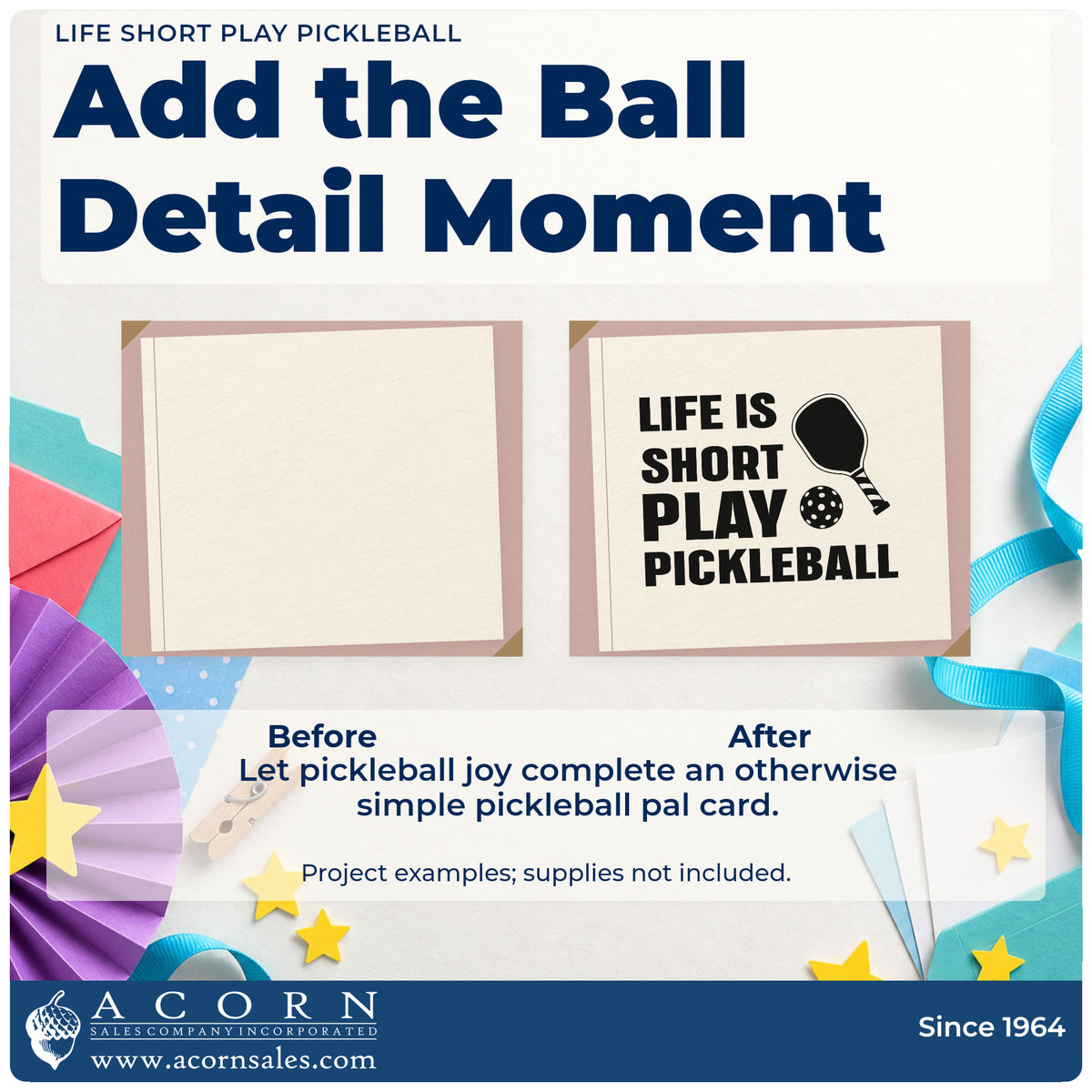 Before and after of a plain item finished with the Life Short Play Pickleball Self-Inking Stamp, a quick upgrade for framed gym store.