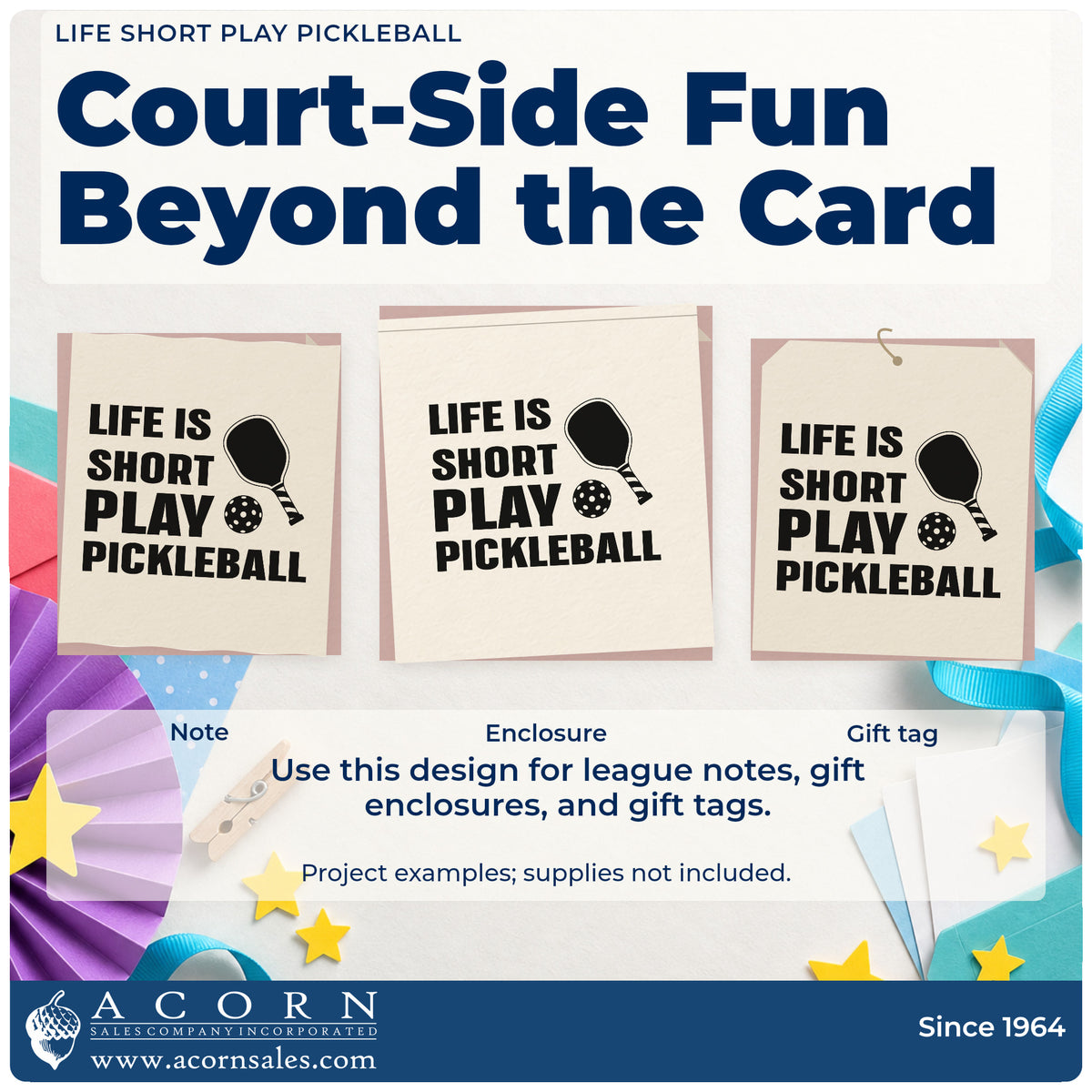 Three project examples made with the Life Short Play Pickleball Hand Stamp – Duo, including lesson plan sheet.