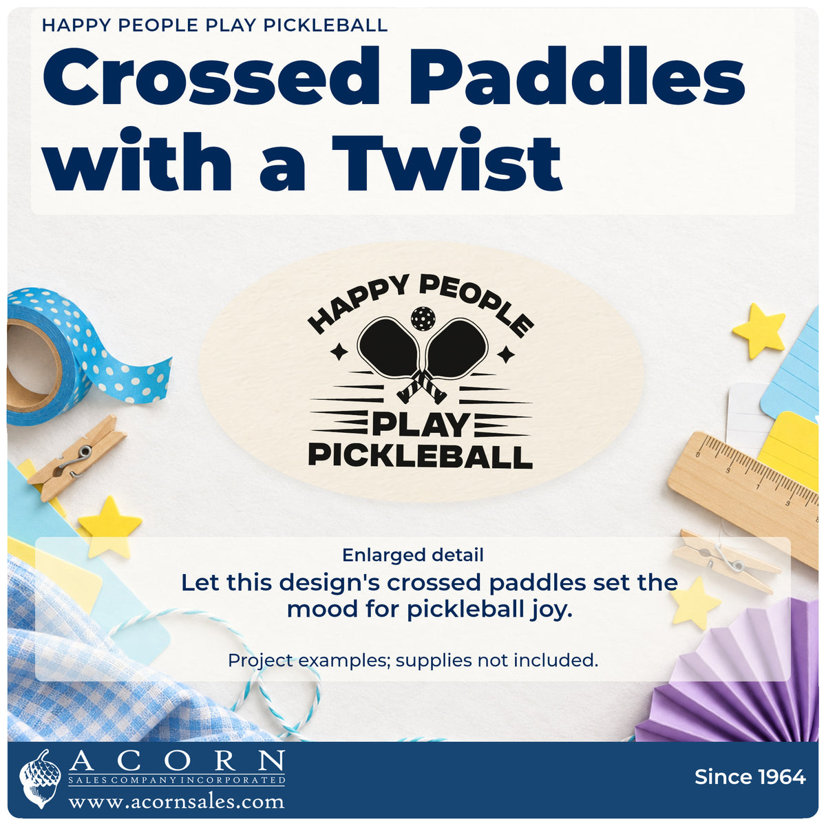 Enlarged detail of the Premium Wooden Happy People Play Pickleball Paddle Stamp – Vintage Pro imprint. HAPPY PEOPLE PLAY PICKLEBALL surrounds crossed paddles, a ball, stars, and horizontal accents.