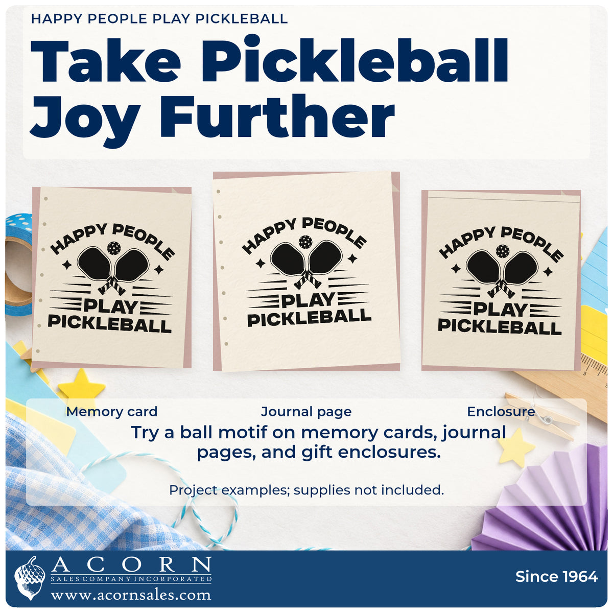 Three project examples made with the Premium Wooden Happy People Play Pickleball Paddle Stamp – Vintage Pro, including rotation plan sheet.