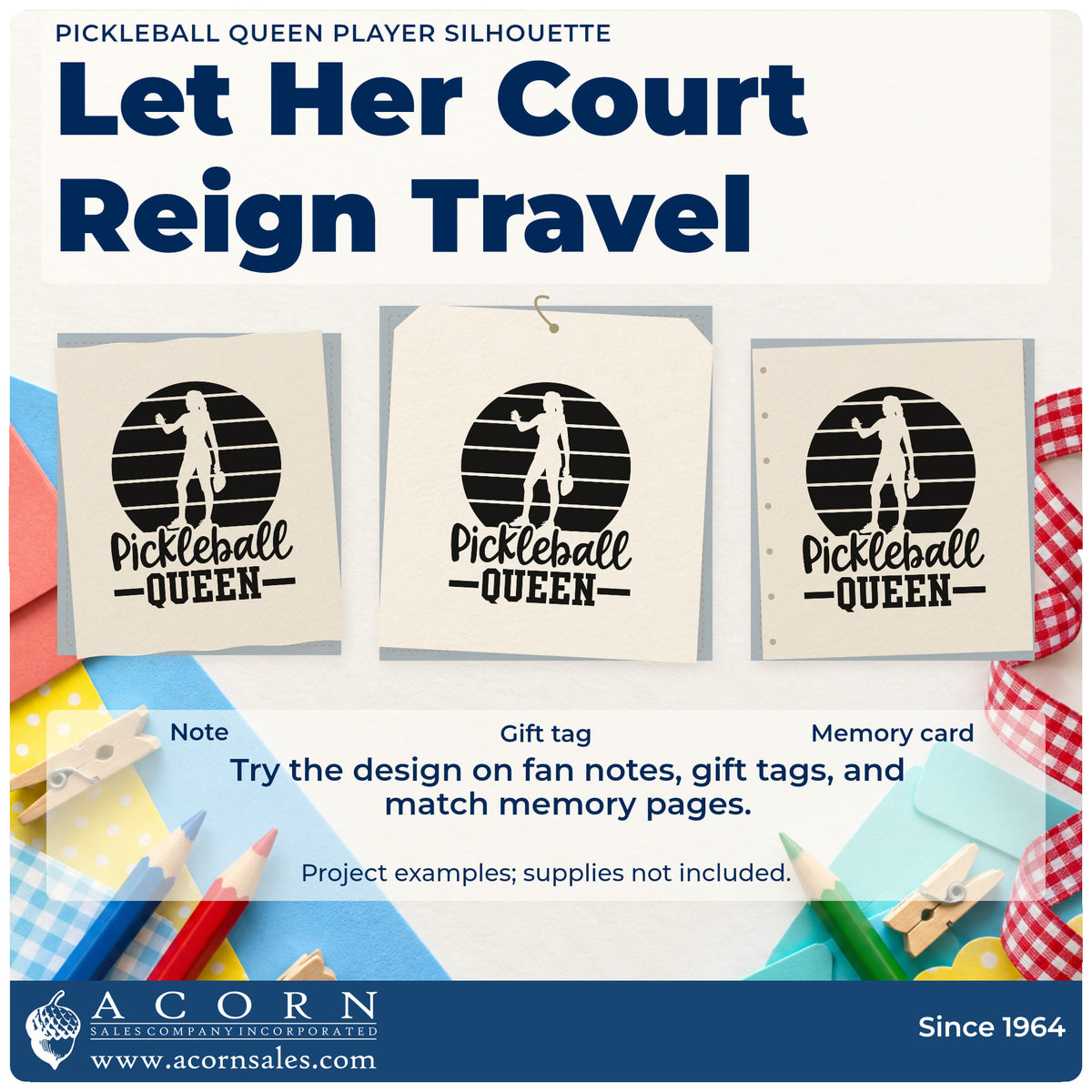 Three project examples made with the Pickleball Queen Player Silhouette Self-Inking Stamp, including skill ladder sheet.