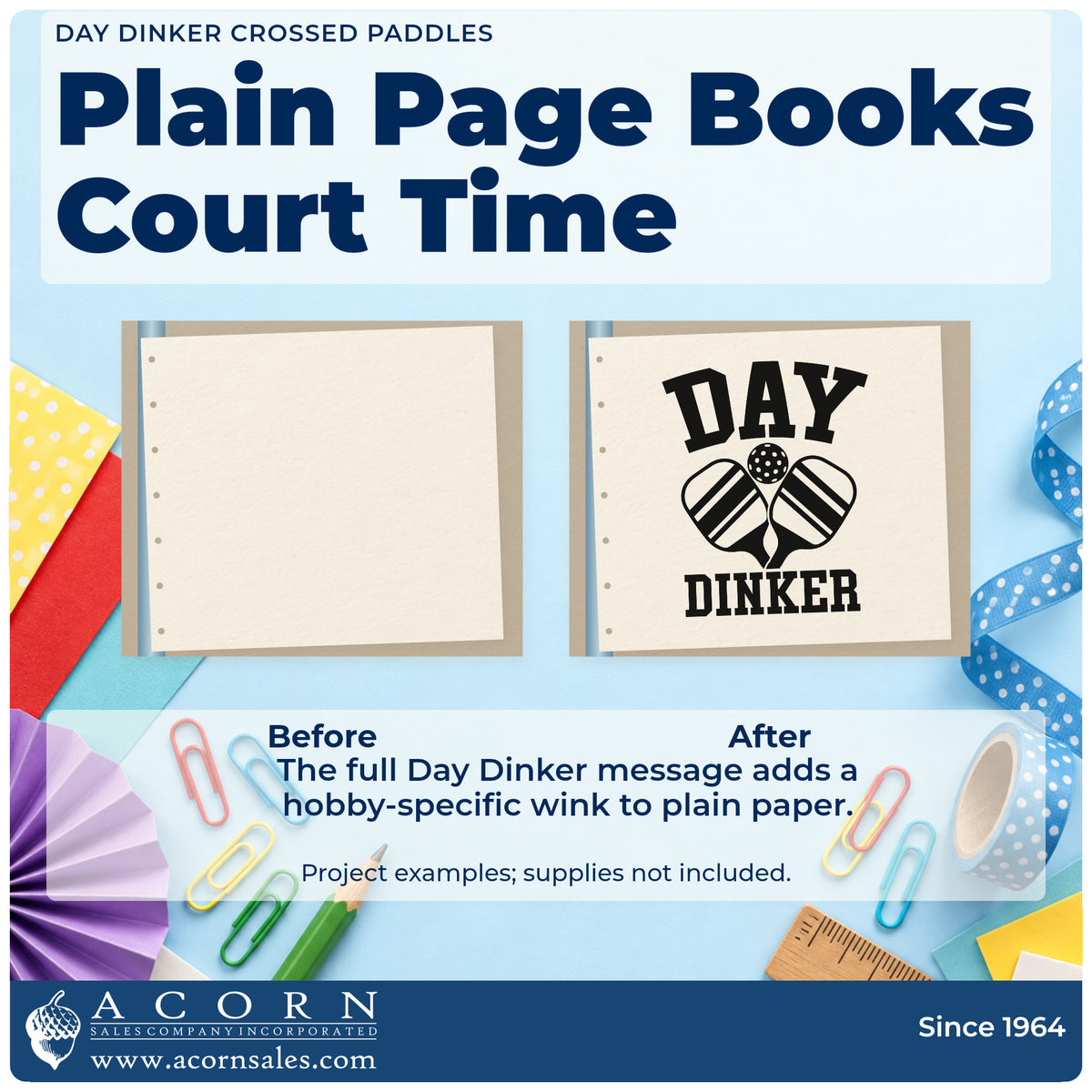 Before and after of a plain item finished with the Day Dinker Crossed Paddles Pickleball PSI Pre-Inked Stamp, a quick upgrade for framed park office.