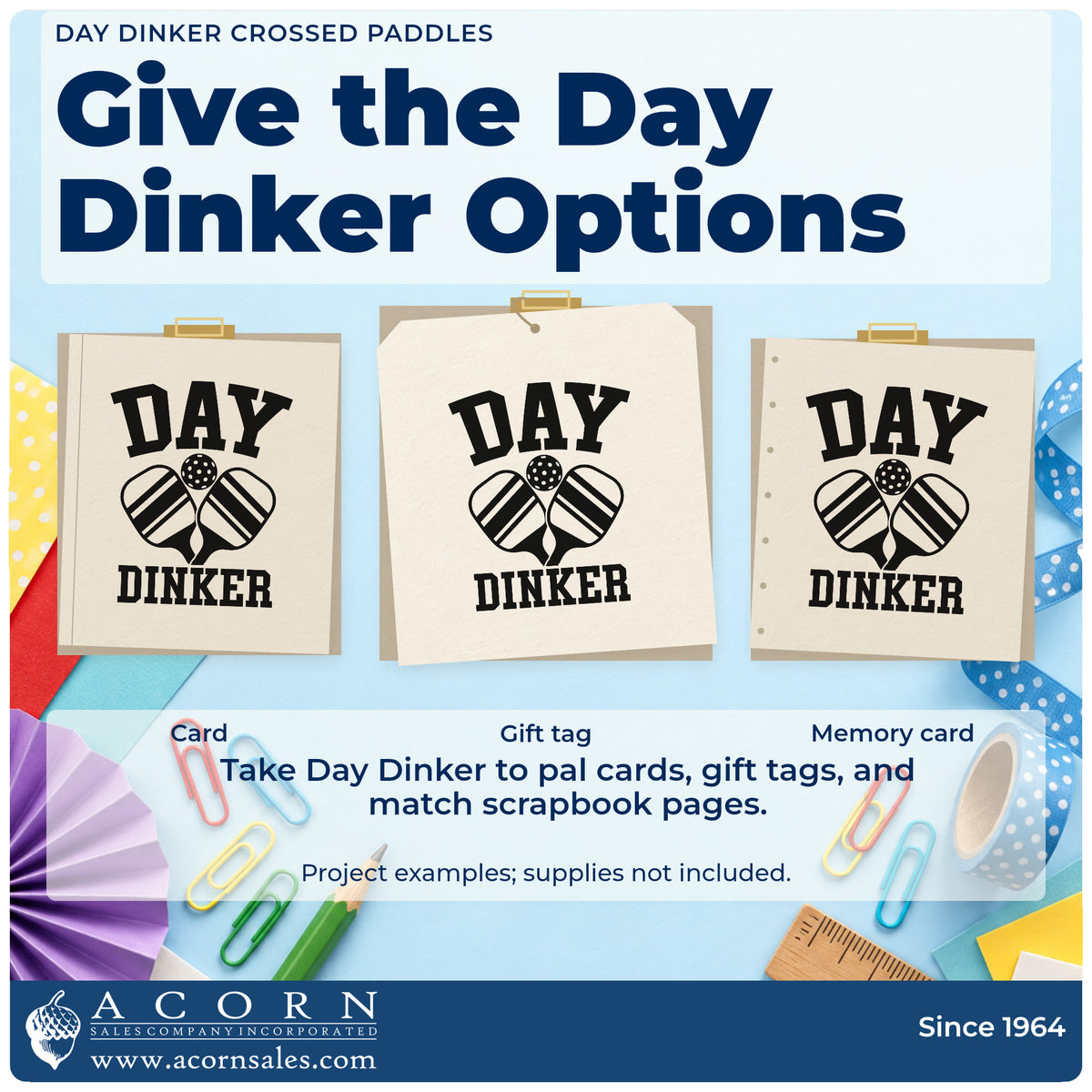 Three project examples made with the Day Dinker Crossed Paddles Pickleball Self-Inking Stamp, including court slot sheet.