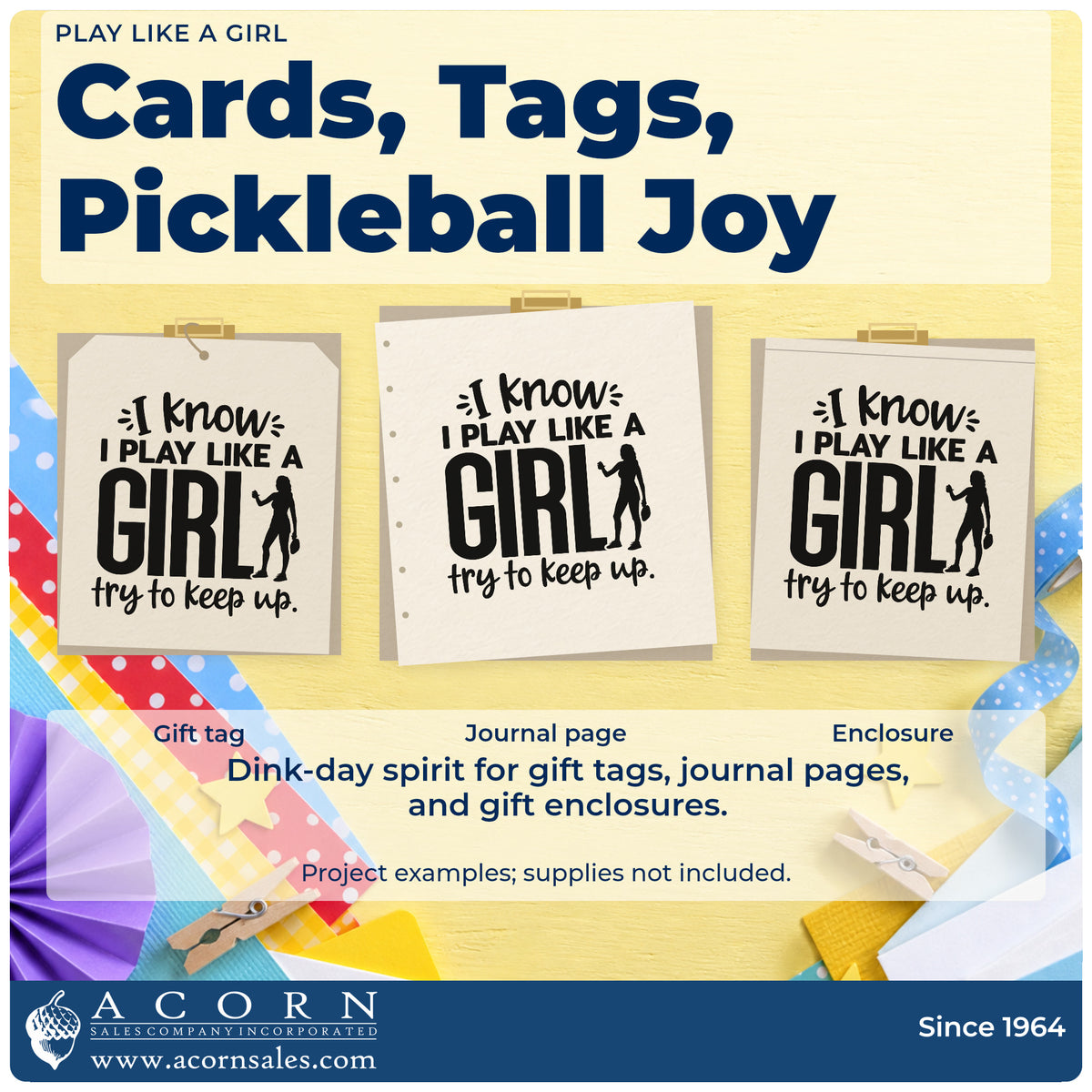 Three project examples made with the I Know I Play Like A Girl Try To Keep Up Slim Pre-Inked Stamp, including match result sheet.