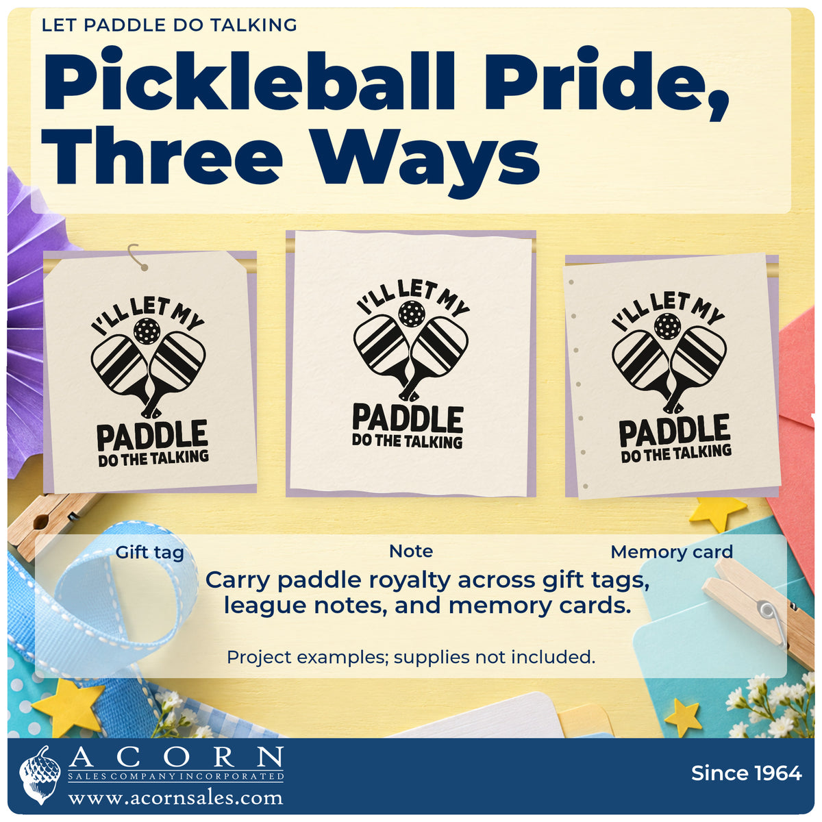 Three project examples made with the Let Paddle Do Talking Premium Wooden Stamp – Vintage Pro, including job queue sheet.