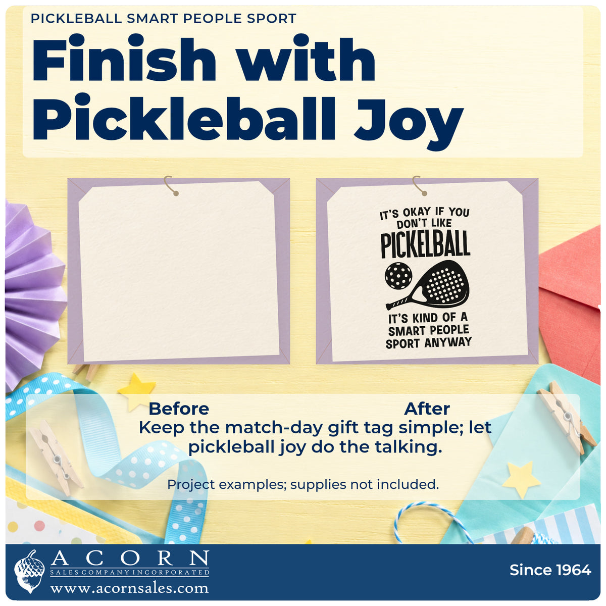Before and after of a plain item finished with the Pickleball Smart People Sport Self-Inking Stamp, a quick upgrade for framed garage shelf.
