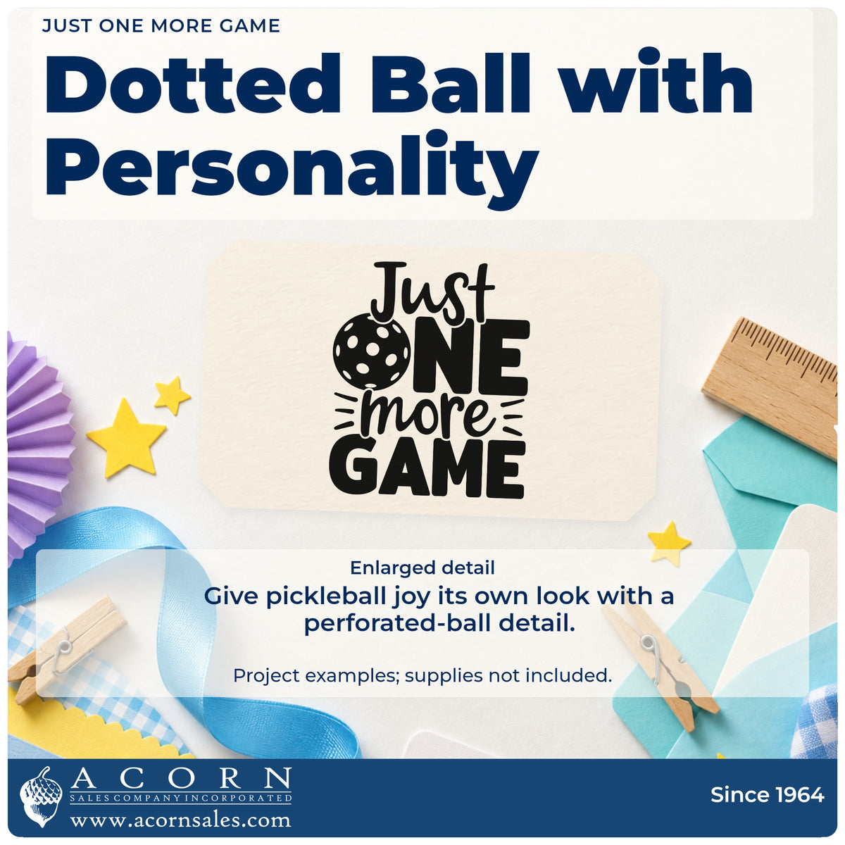 Enlarged detail of the Just One More Game Pickleball Lettering Compact Pre-Inked Stamp – Slim imprint. Just ONE more GAME uses a perforated ball in place of the O with accent strokes.