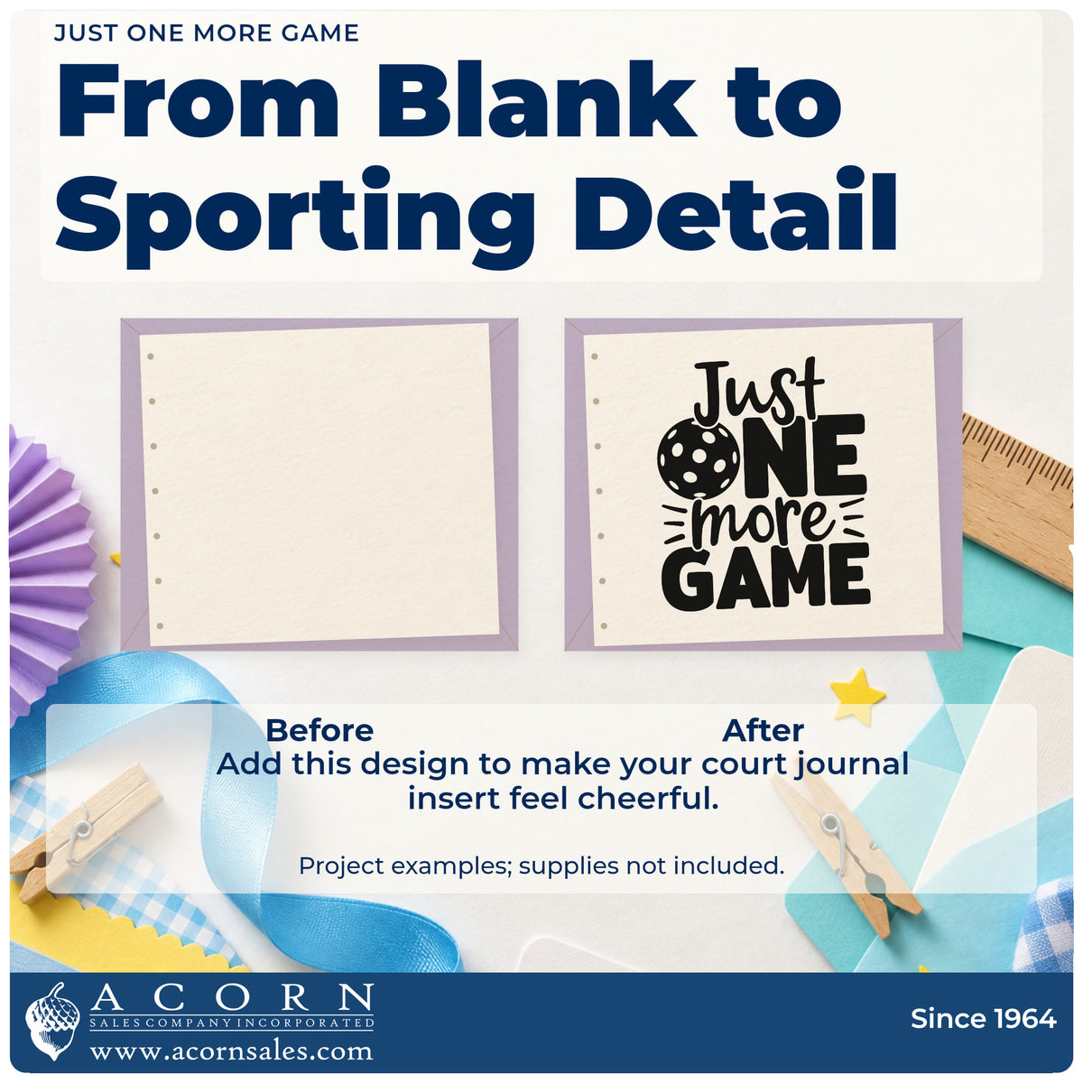 Before and after of a plain item finished with the Just One More Game Pickleball Lettering Compact Pre-Inked Stamp – Slim, a quick upgrade for framed court post.