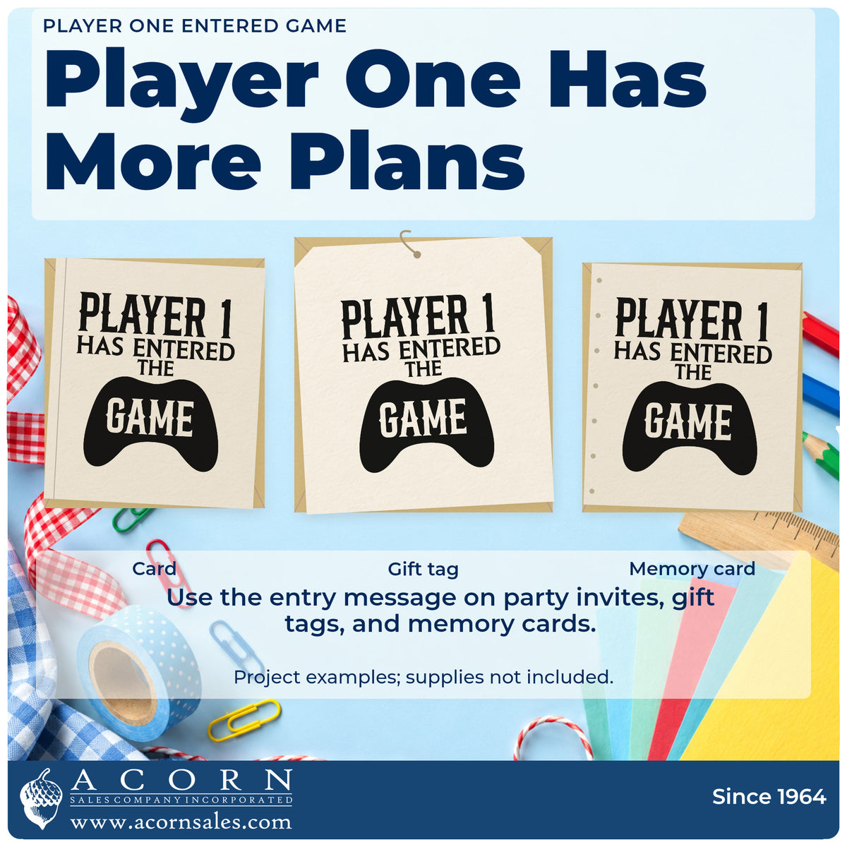 Three project examples made with the Wood Handle Player One Entered Game Rubber Stamp, including milestone plan sheet.