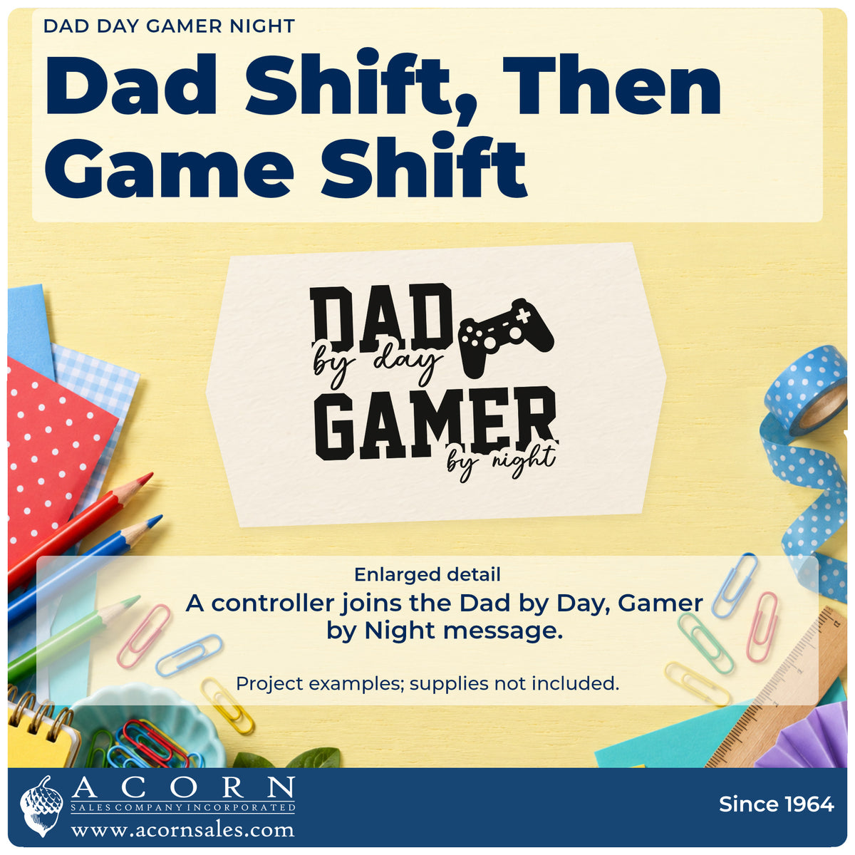 Enlarged detail of the Self-Inking Dad Day Gamer Night Stamp imprint. DAD by day GAMER by night appears beside a game controller.