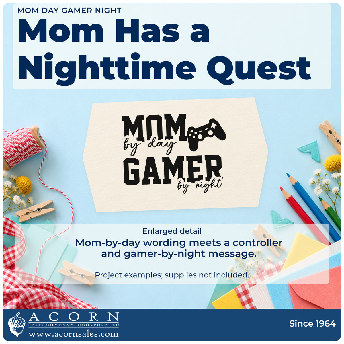 Enlarged detail of the Wood Handle Mom By Day Gamer By Night Rubber Stamp imprint. MOM by day GAMER by night appears beside a game controller.