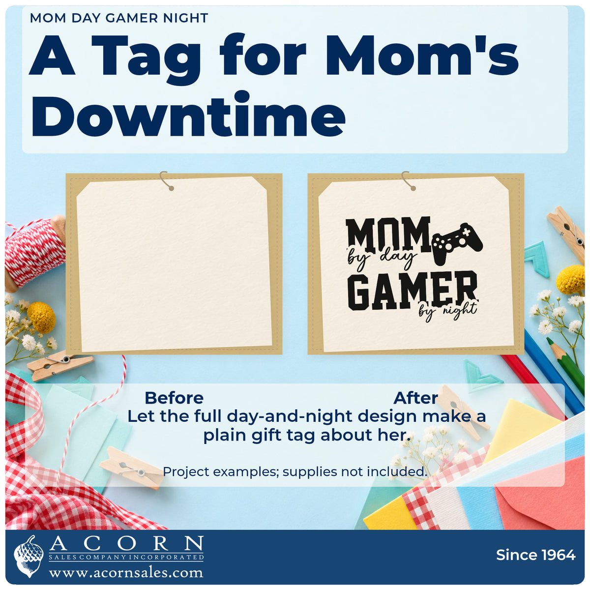 Before and after of a plain item finished with the Mom By Day Gamer By Night Rubber Stamp – Duo Hand, a quick upgrade for framed living shelf.