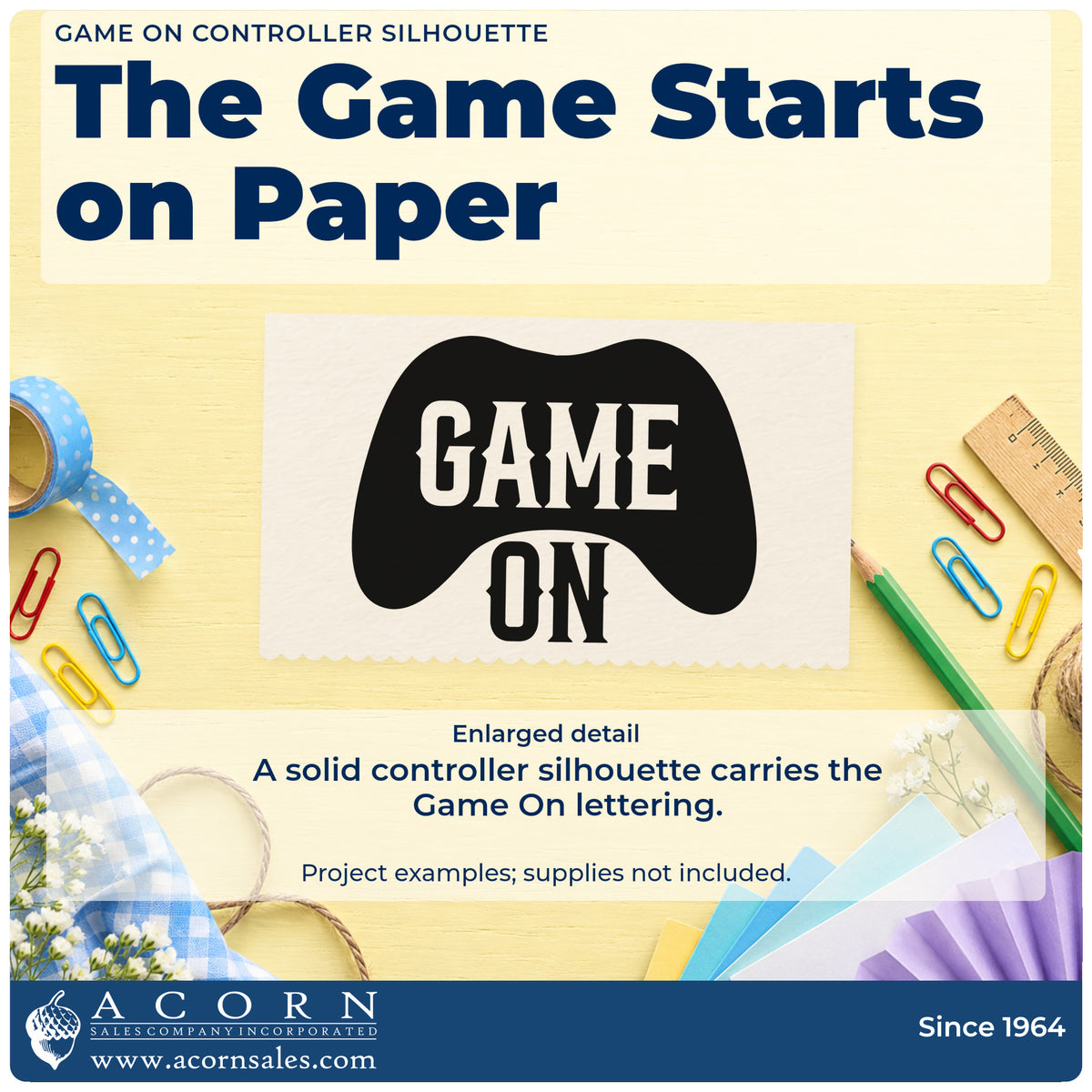 Enlarged detail of the Game On Controller Silhouette Slim Pre-Inked Stamp imprint. GAME ON appears within and below a solid game controller silhouette.