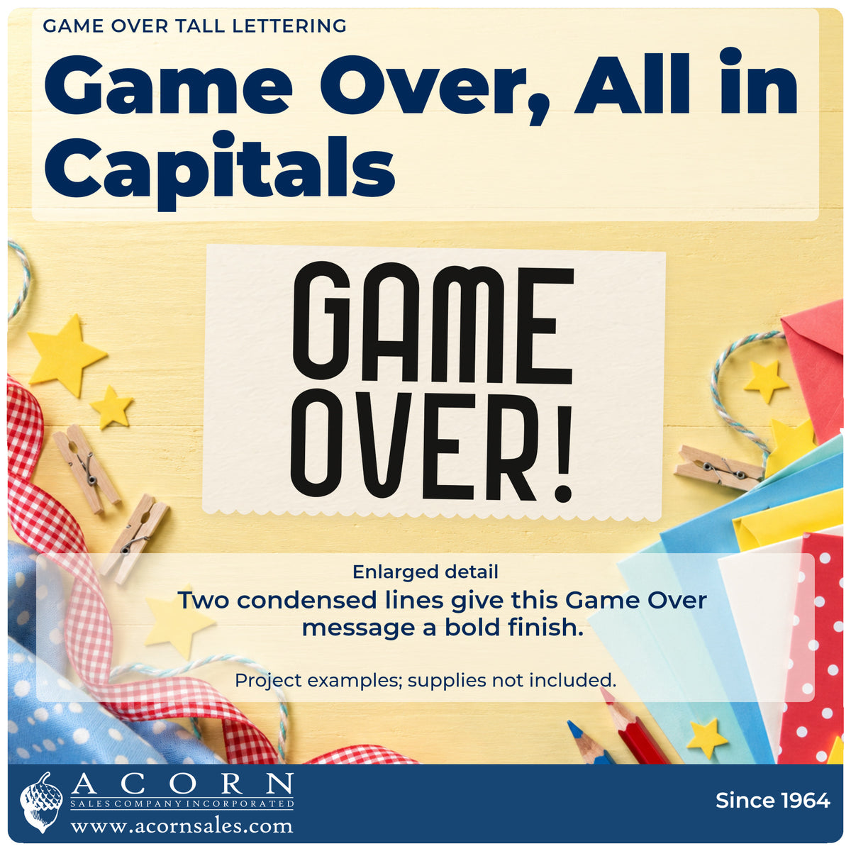 Enlarged detail of the Game Over Tall Lettering Stamp – Wood Handle imprint. GAME OVER! appears in two lines of tall condensed capitals.