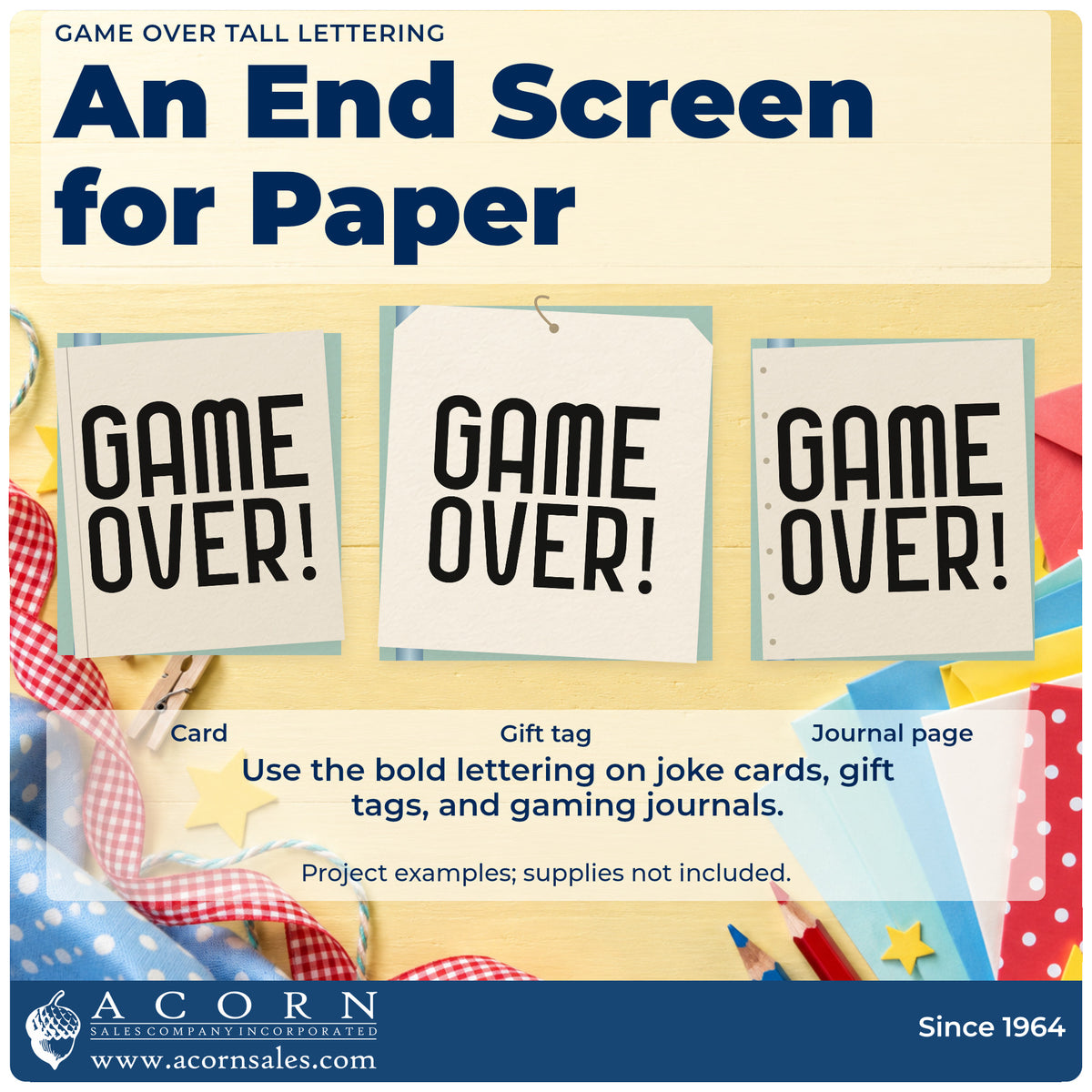 Three project examples made with the Game Over Tall Lettering Stamp – Wood Handle, including high score sheet.