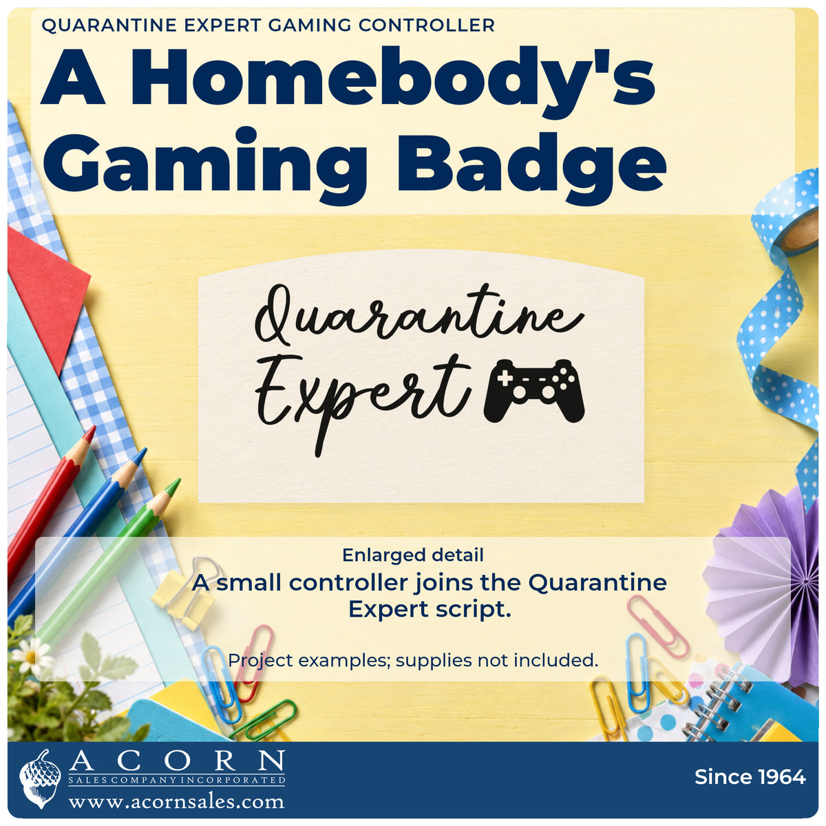 Enlarged detail of the Quarantine Expert Gaming Controller Script Lettering Wood-Mounted Rubber Stamp imprint. Quarantine Expert appears in script beside a small game controller.