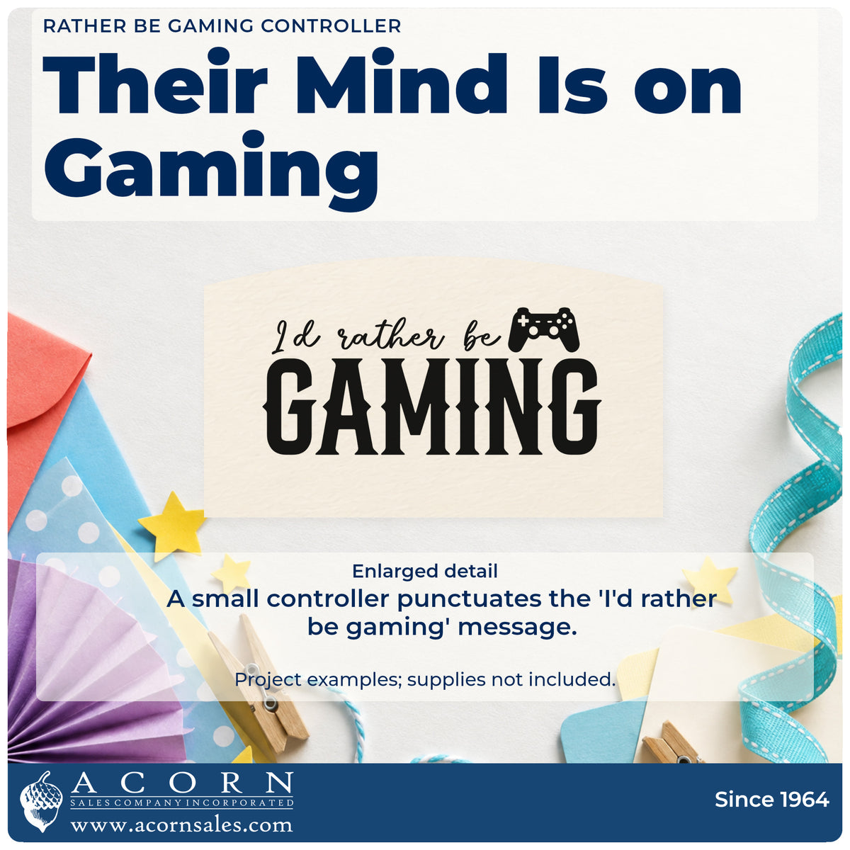 Enlarged detail of the Self-Inking Rather Be Gaming Controller Stamp imprint. I'd rather be GAMING appears with a small game controller above the final word.