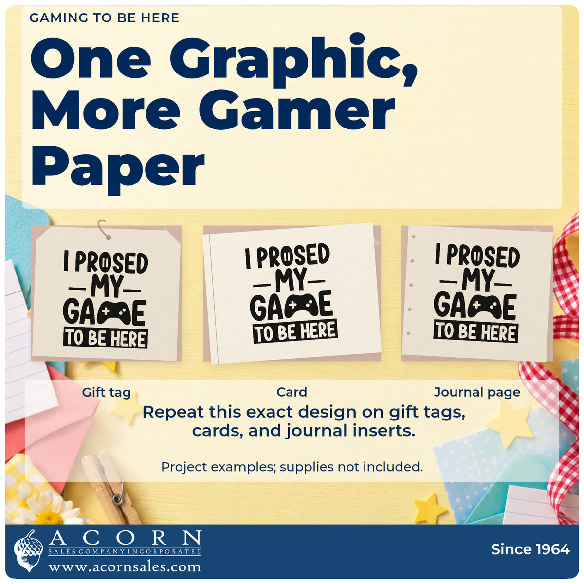 Three project examples made with the Gaming To Be Here Controller Lettering Rubber Stamp – Duo Hand, including event date sheet.