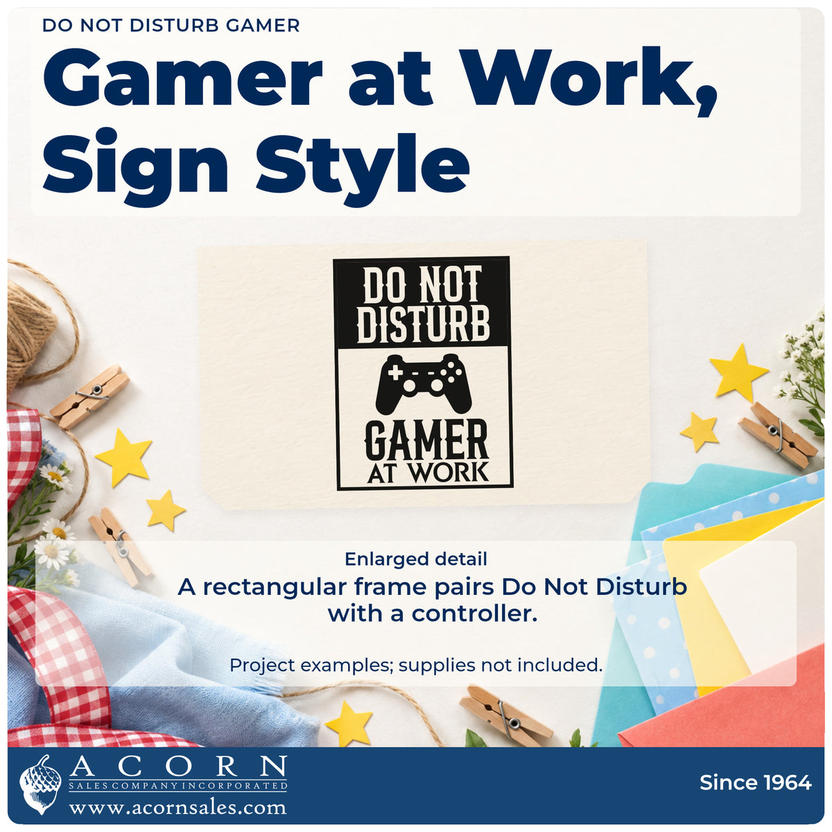 Enlarged detail of the Do Not Disturb Gamer Slim Pre-Inked Stamp imprint. DO NOT DISTURB appears above a controller and GAMER AT WORK inside a rectangular sign.